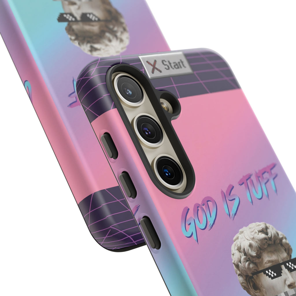 God is Tuff" Vaporwave Christian Phone Case | Aesthetic Statue with Pixel Shades, Retro 80s 90s Synthwave Grid, Gen Z Faith Gift