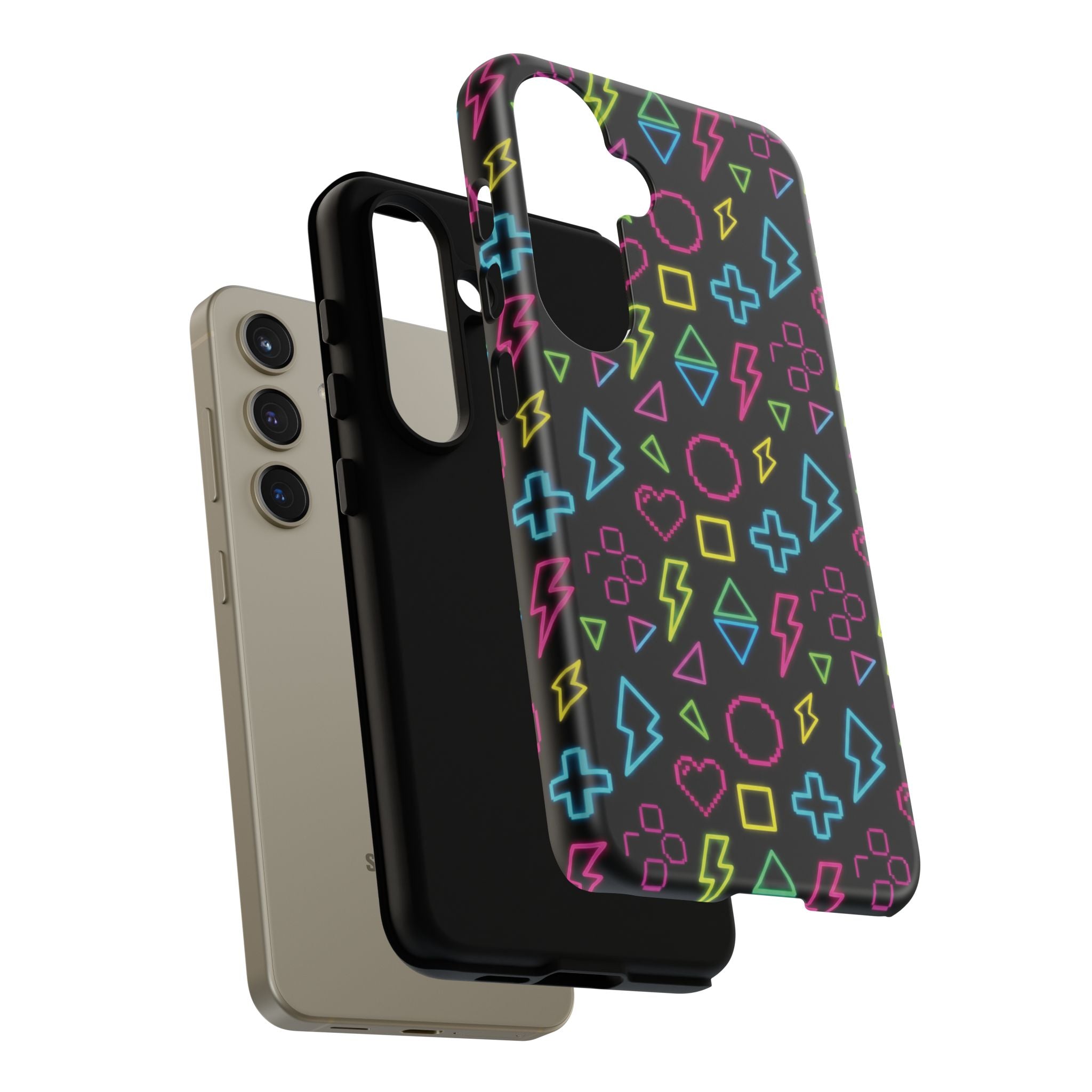 Electric Savior" Retro 90s Christian Phone Case | Neon Synthwave Pixel Art, Lightning Cross & Geometric Design, Bold Faith Gift