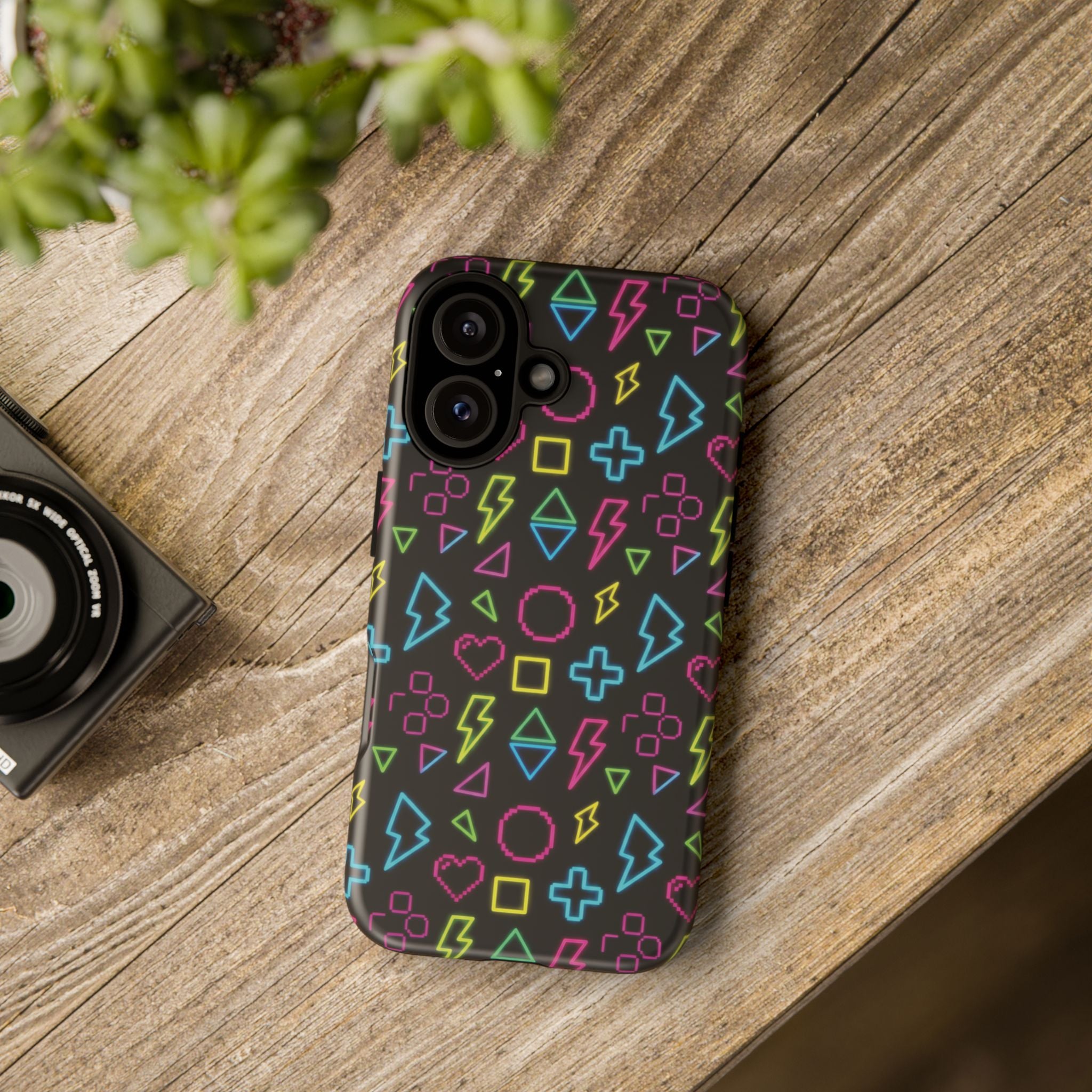 Electric Savior" Retro 90s Christian Phone Case | Neon Synthwave Pixel Art, Lightning Cross & Geometric Design, Bold Faith Gift