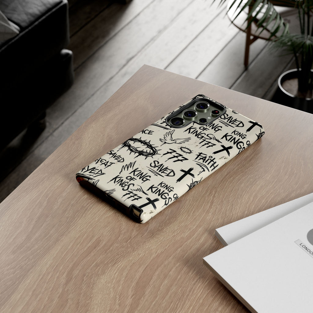 Christian Graffiti Phone Case | "Saved" & "King of Kings" Doodle Art, Urban Streetwear Faith Cover, Modern Religious Sketch Design