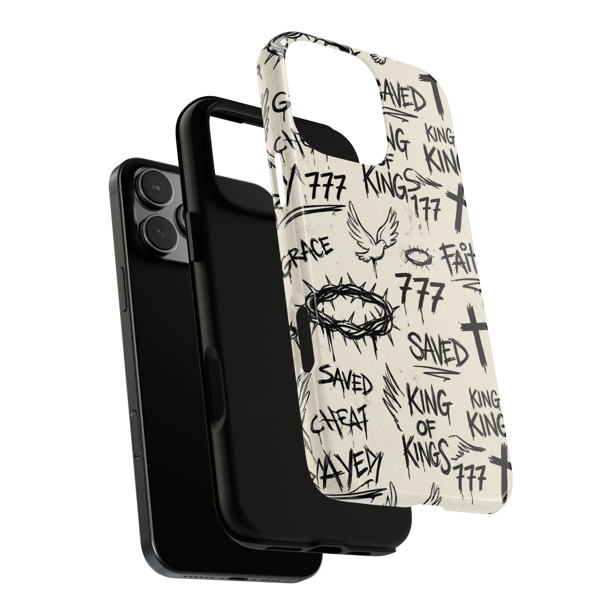 Christian Graffiti Phone Case | "Saved" & "King of Kings" Doodle Art, Urban Streetwear Faith Cover, Modern Religious Sketch Design