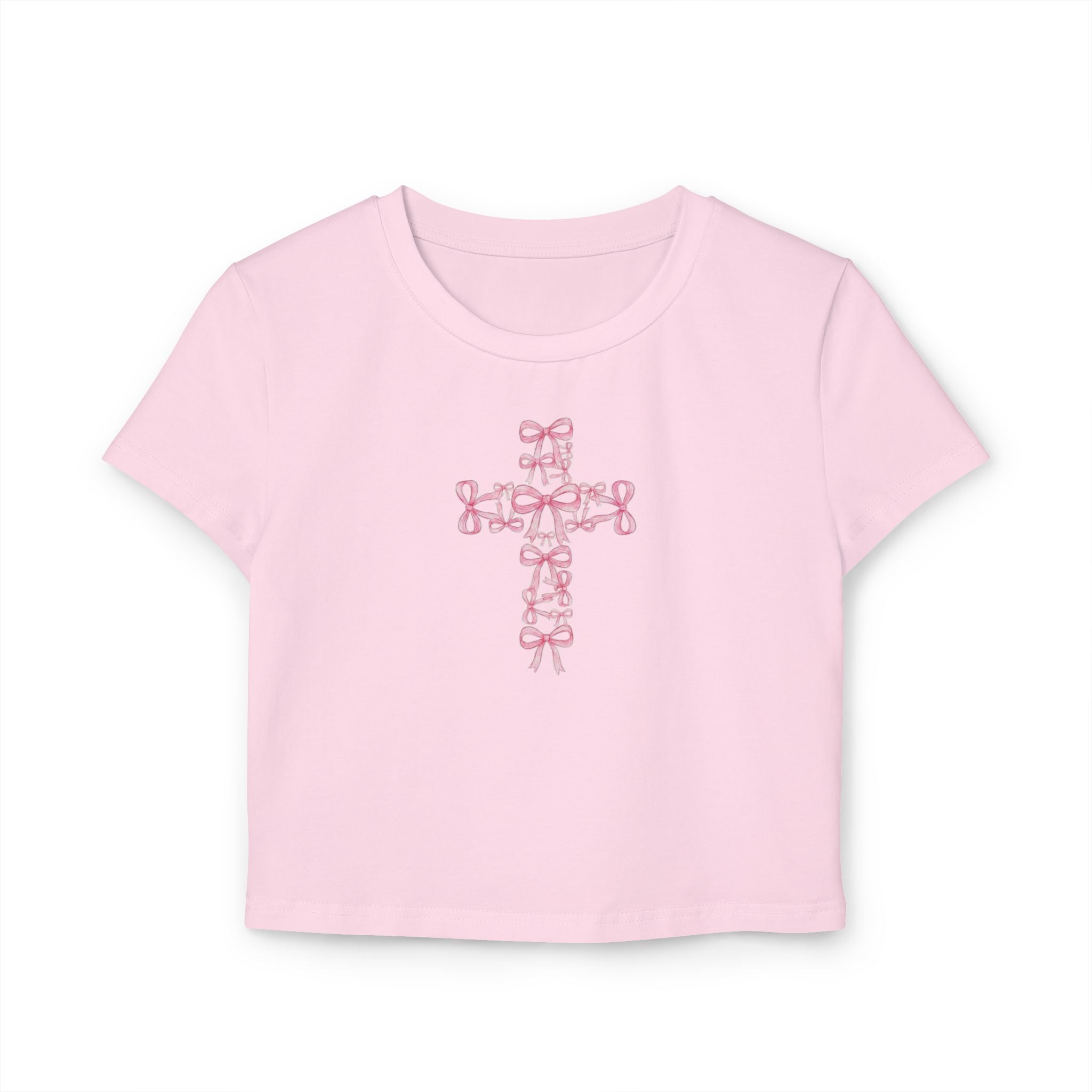 Pink Ribbon Cross Women's Baby Tee | Floral Bow Cross Shirt