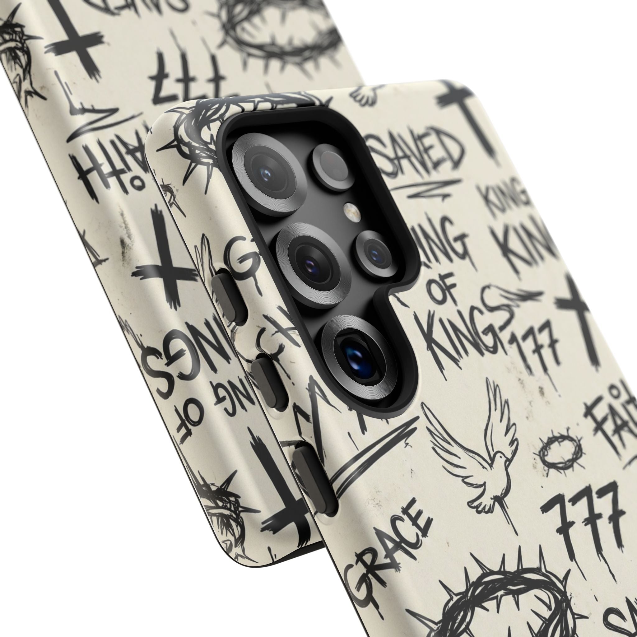Christian Graffiti Phone Case | "Saved" & "King of Kings" Doodle Art, Urban Streetwear Faith Cover, Modern Religious Sketch Design