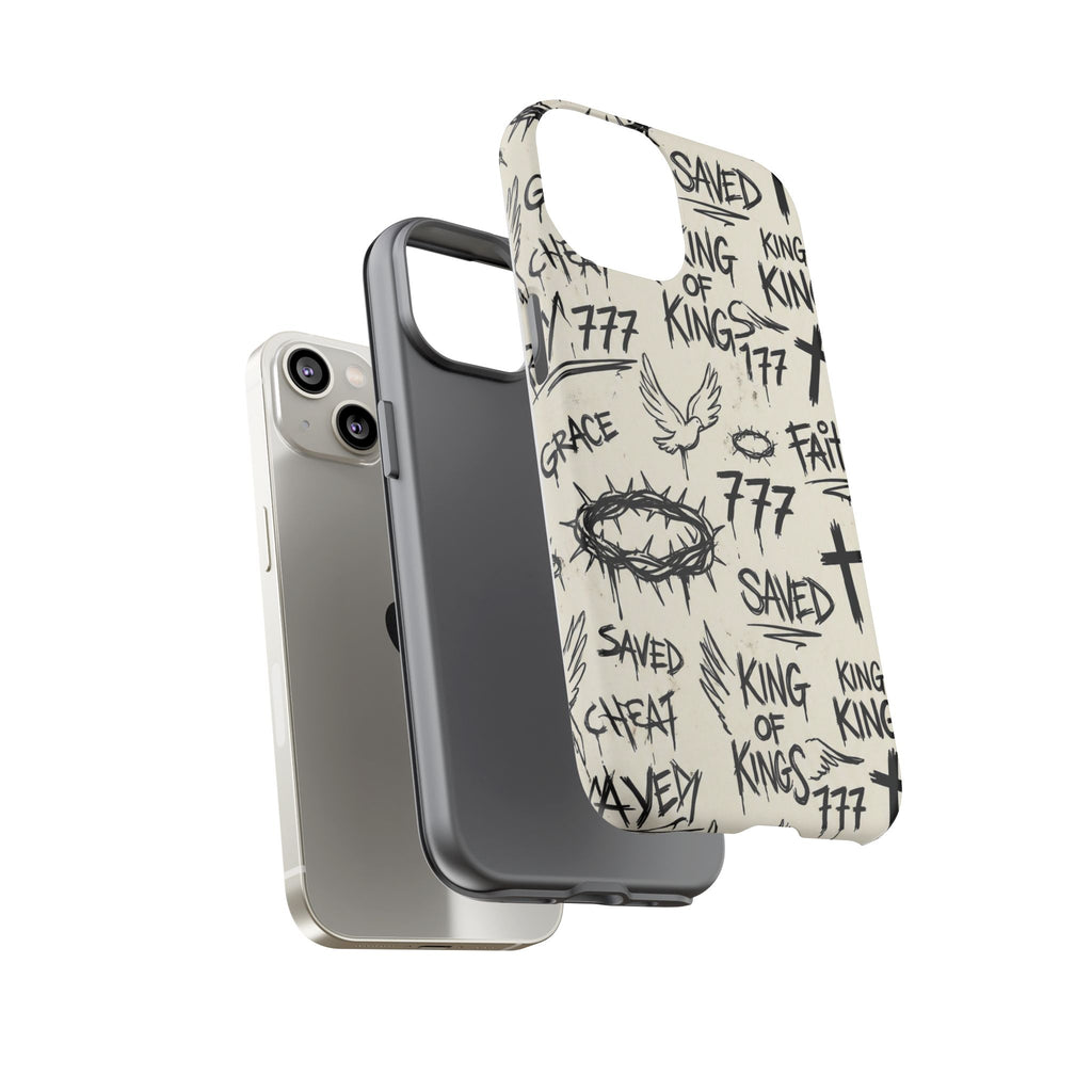 Christian Graffiti Phone Case | "Saved" & "King of Kings" Doodle Art, Urban Streetwear Faith Cover, Modern Religious Sketch Design
