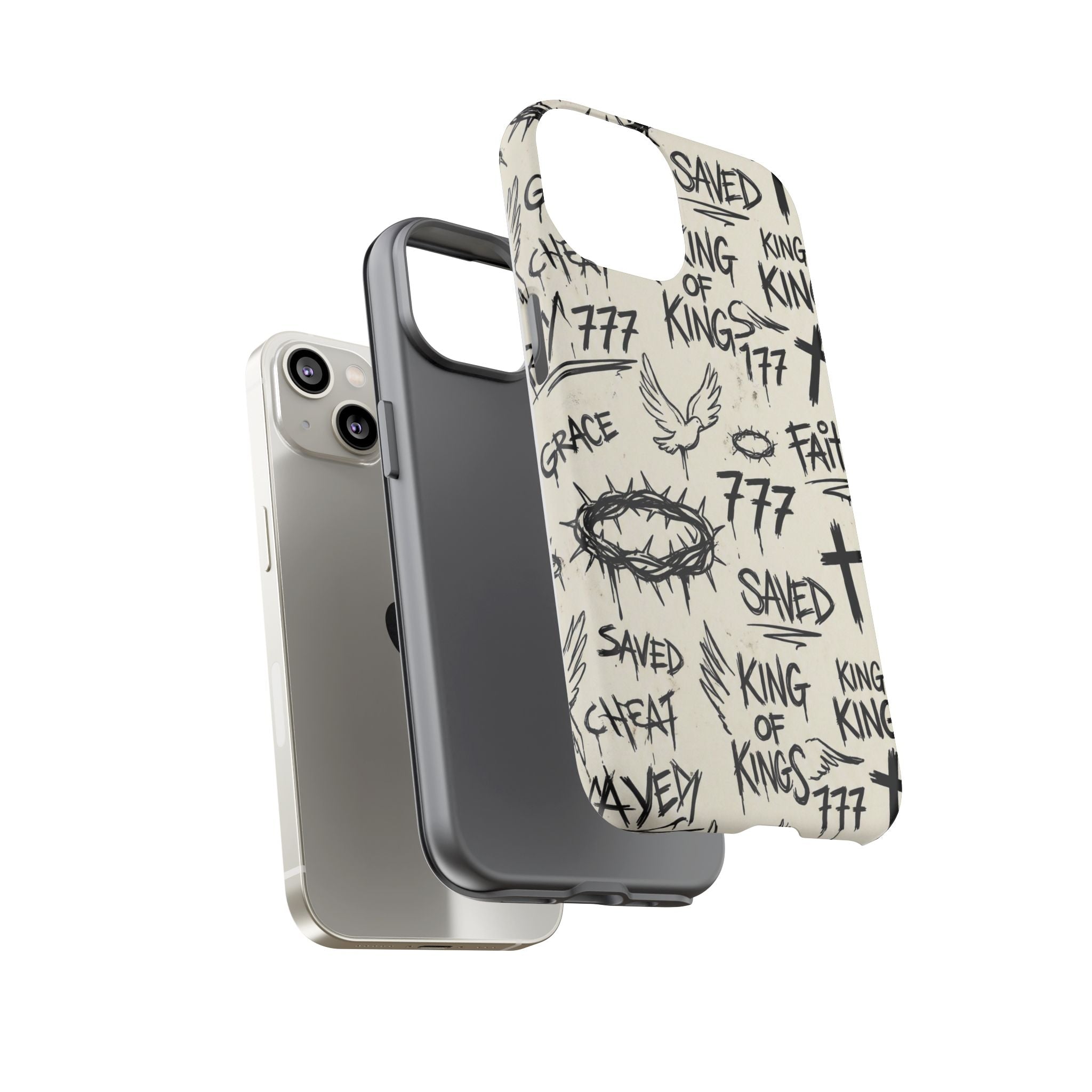 Christian Graffiti Phone Case | "Saved" & "King of Kings" Doodle Art, Urban Streetwear Faith Cover, Modern Religious Sketch Design