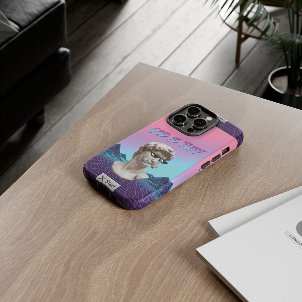 God is Tuff" Vaporwave Christian Phone Case | Aesthetic Statue with Pixel Shades, Retro 80s 90s Synthwave Grid, Gen Z Faith Gift