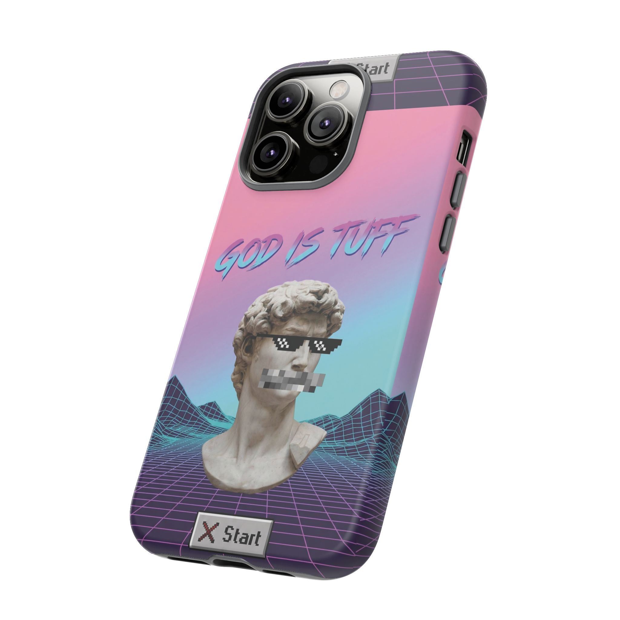 God is Tuff" Vaporwave Christian Phone Case | Aesthetic Statue with Pixel Shades, Retro 80s 90s Synthwave Grid, Gen Z Faith Gift