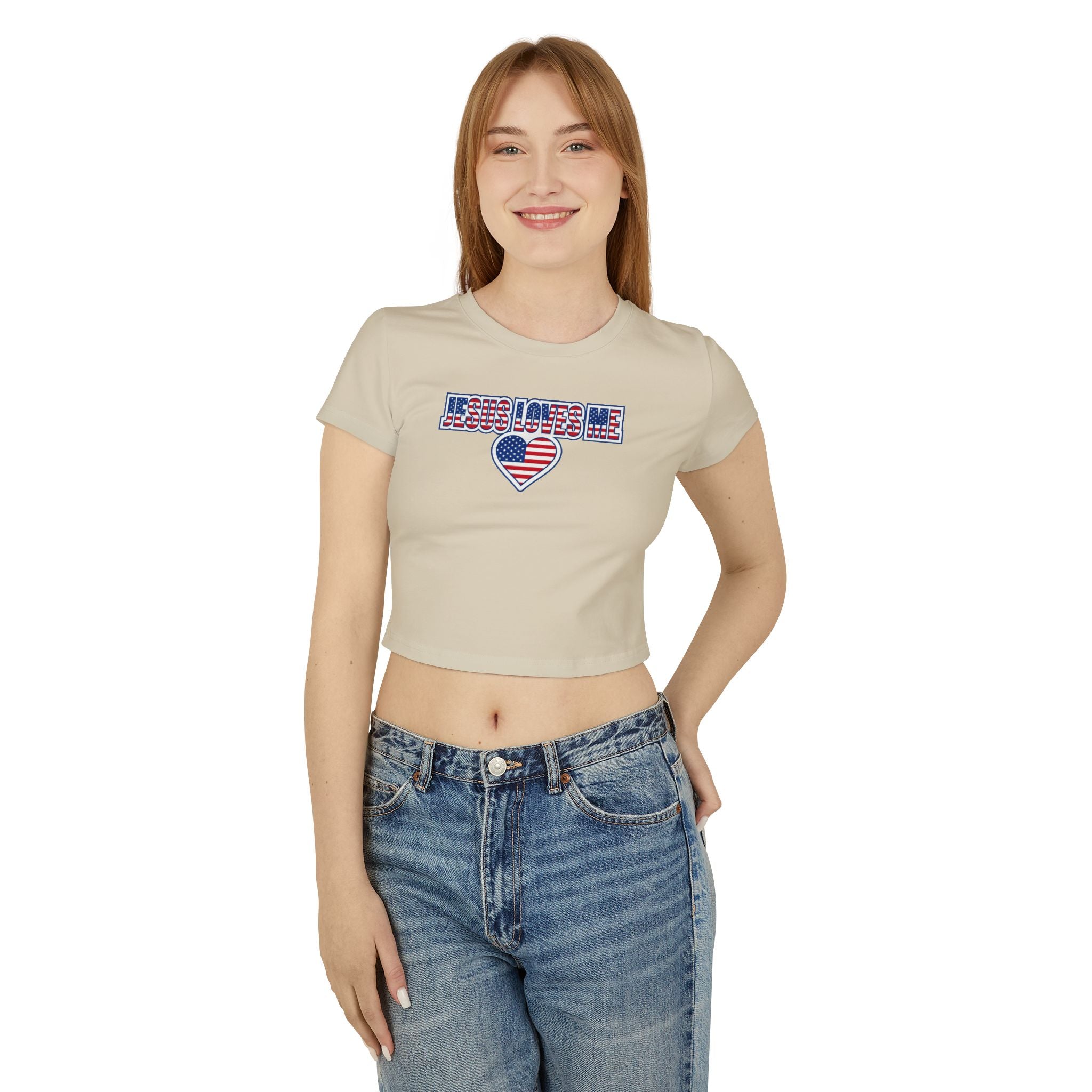 Jesus Loves Me Baby Tee, Patriotic Christian Crop Top, American Flag Heart Faith Shirt
