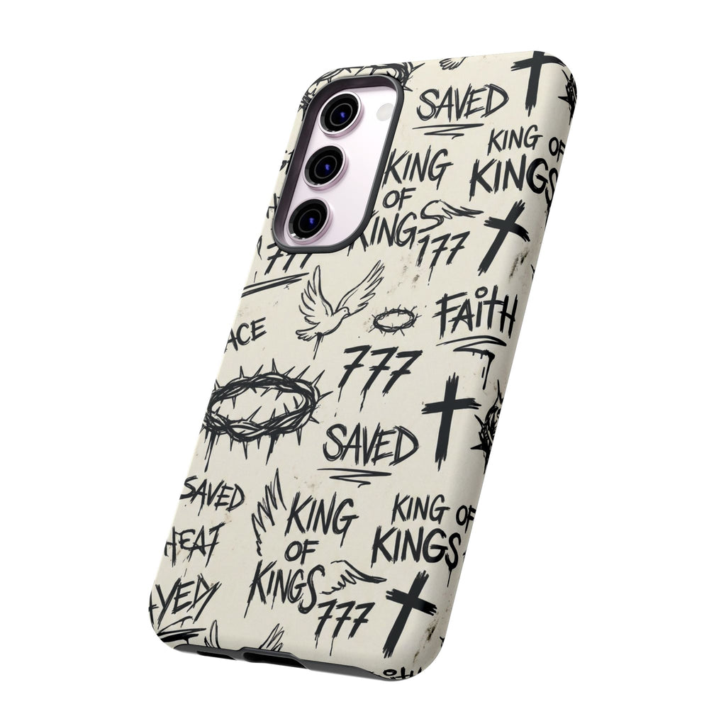 Christian Graffiti Phone Case | "Saved" & "King of Kings" Doodle Art, Urban Streetwear Faith Cover, Modern Religious Sketch Design