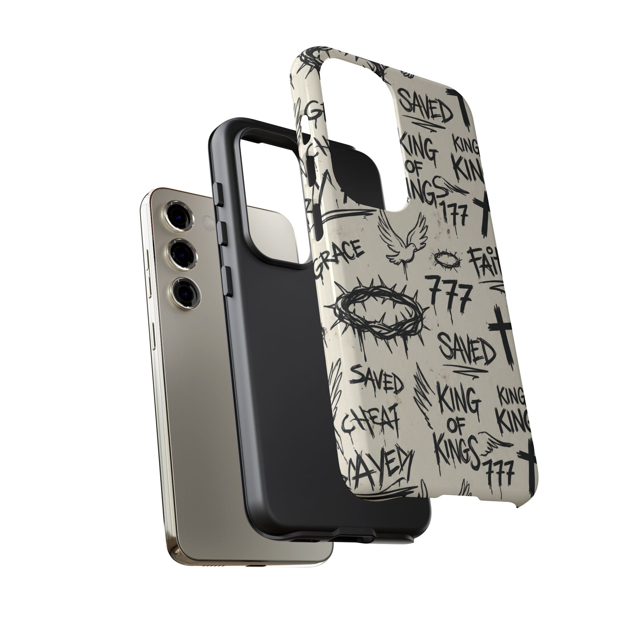 Christian Graffiti Phone Case | "Saved" & "King of Kings" Doodle Art, Urban Streetwear Faith Cover, Modern Religious Sketch Design