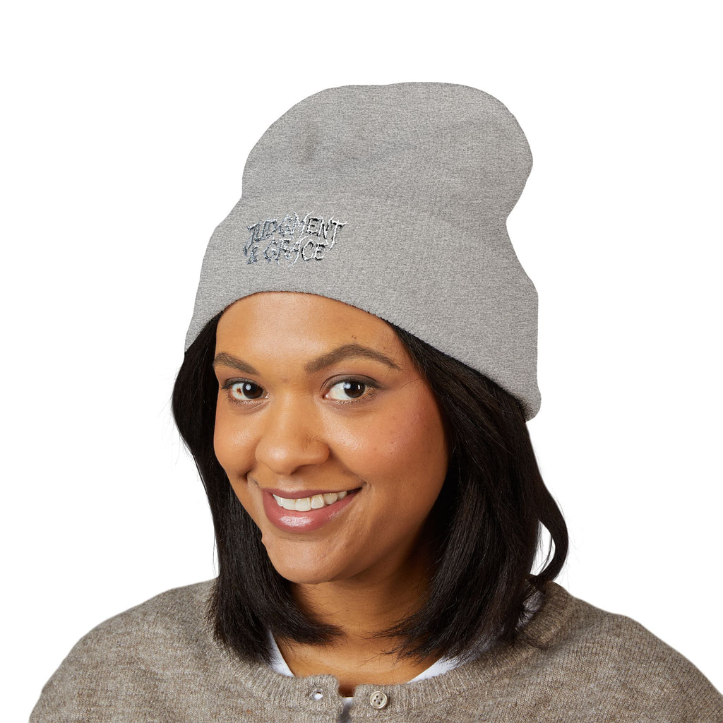 Judgement & Grace Beanie, Embroidered Black Cuffed Knit Hat, Gothic Christian Streetwear, Winter Faith Hat, Minimal Religious Gift