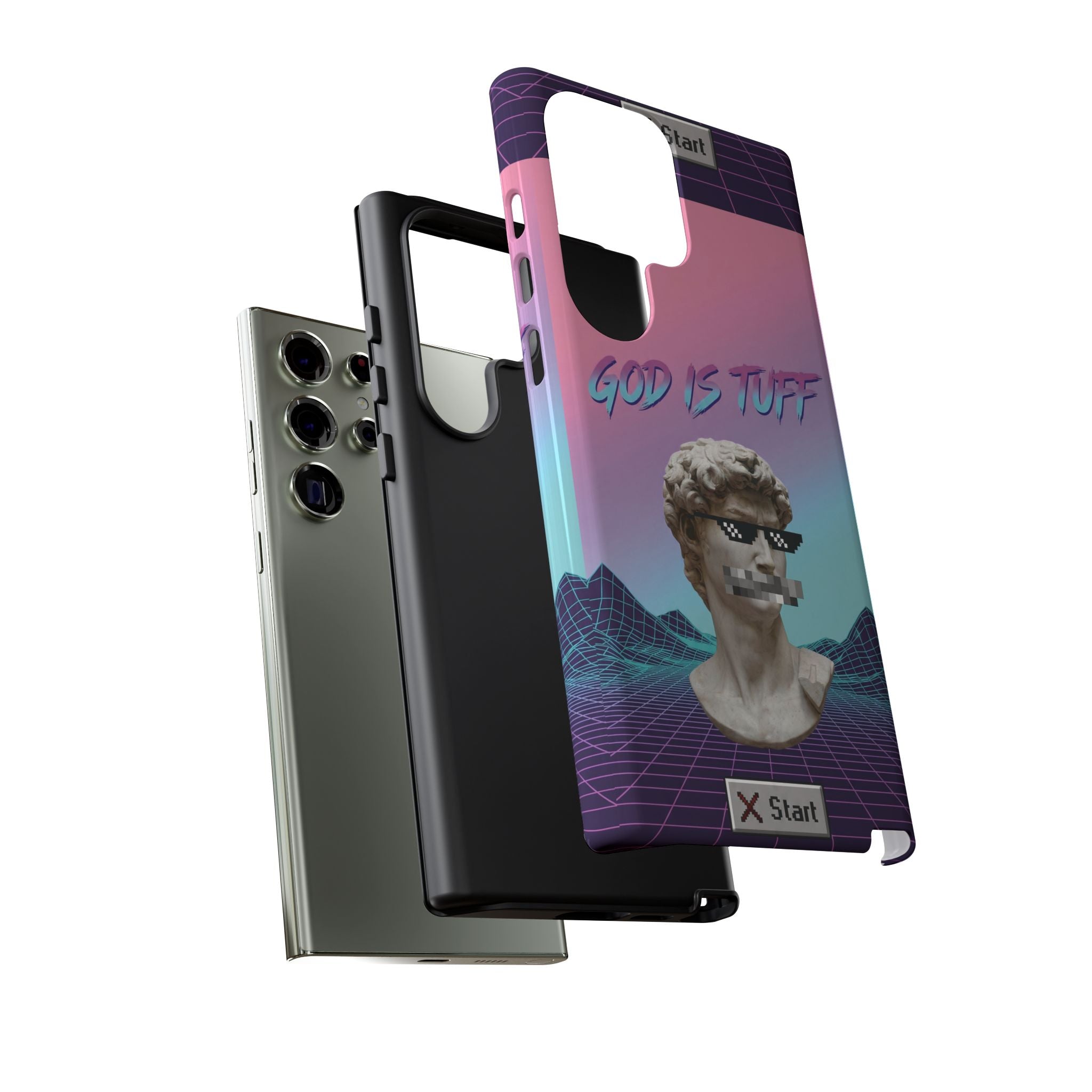 God is Tuff" Vaporwave Christian Phone Case | Aesthetic Statue with Pixel Shades, Retro 80s 90s Synthwave Grid, Gen Z Faith Gift
