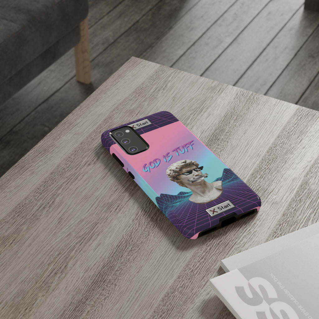 God is Tuff" Vaporwave Christian Phone Case | Aesthetic Statue with Pixel Shades, Retro 80s 90s Synthwave Grid, Gen Z Faith Gift