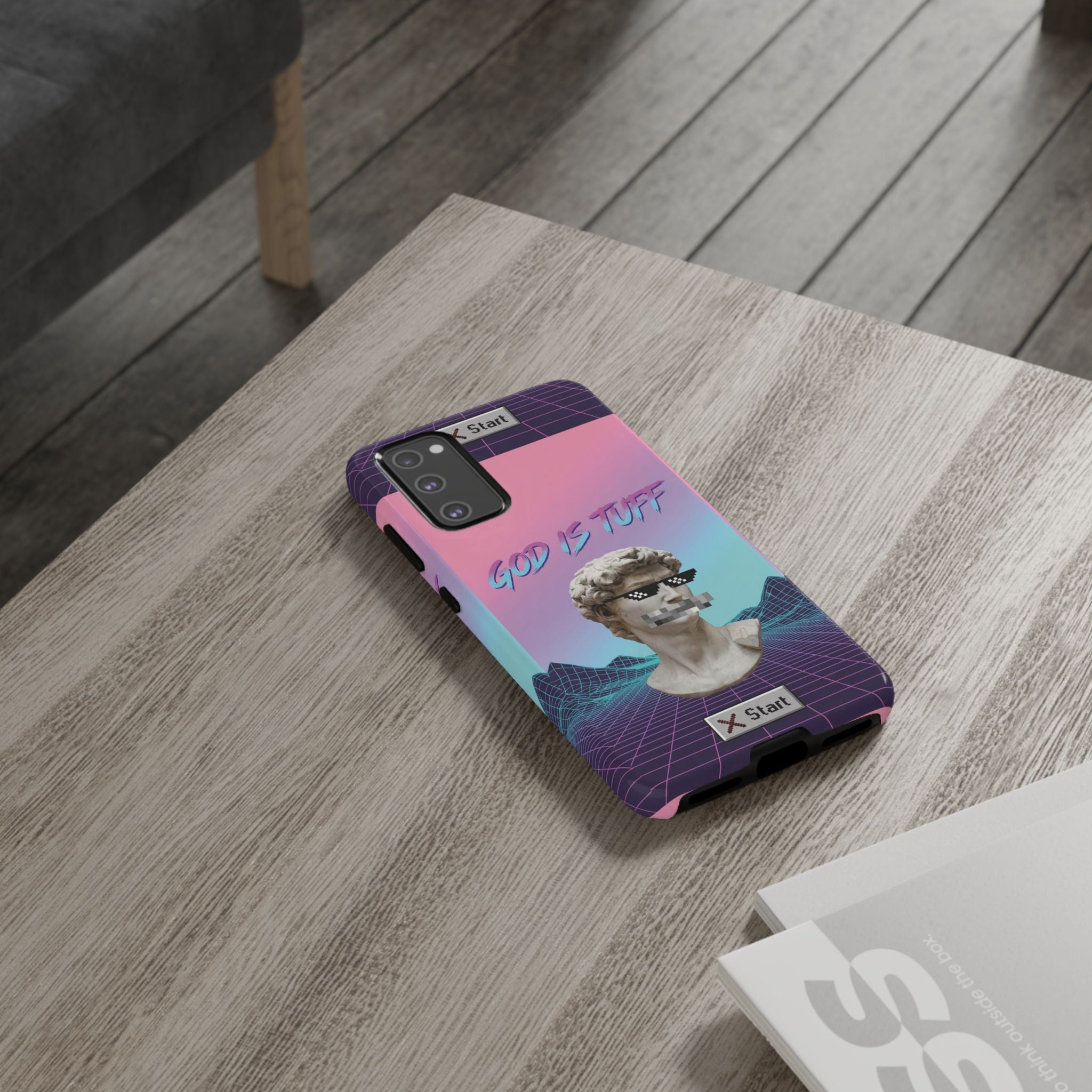 God is Tuff" Vaporwave Christian Phone Case | Aesthetic Statue with Pixel Shades, Retro 80s 90s Synthwave Grid, Gen Z Faith Gift