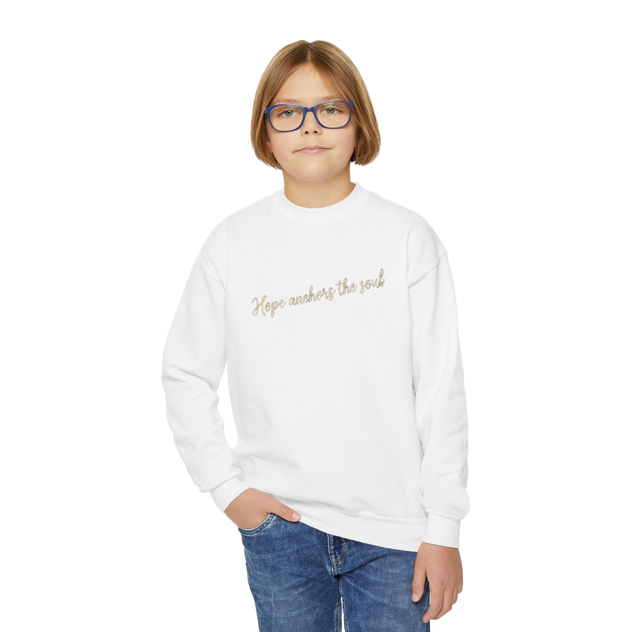 Hope Anchors the Soul Youth Crewneck Sweatshirt, Embroidered Christian Kids Pullover, Minimal Faith Sweater, Teen Gift