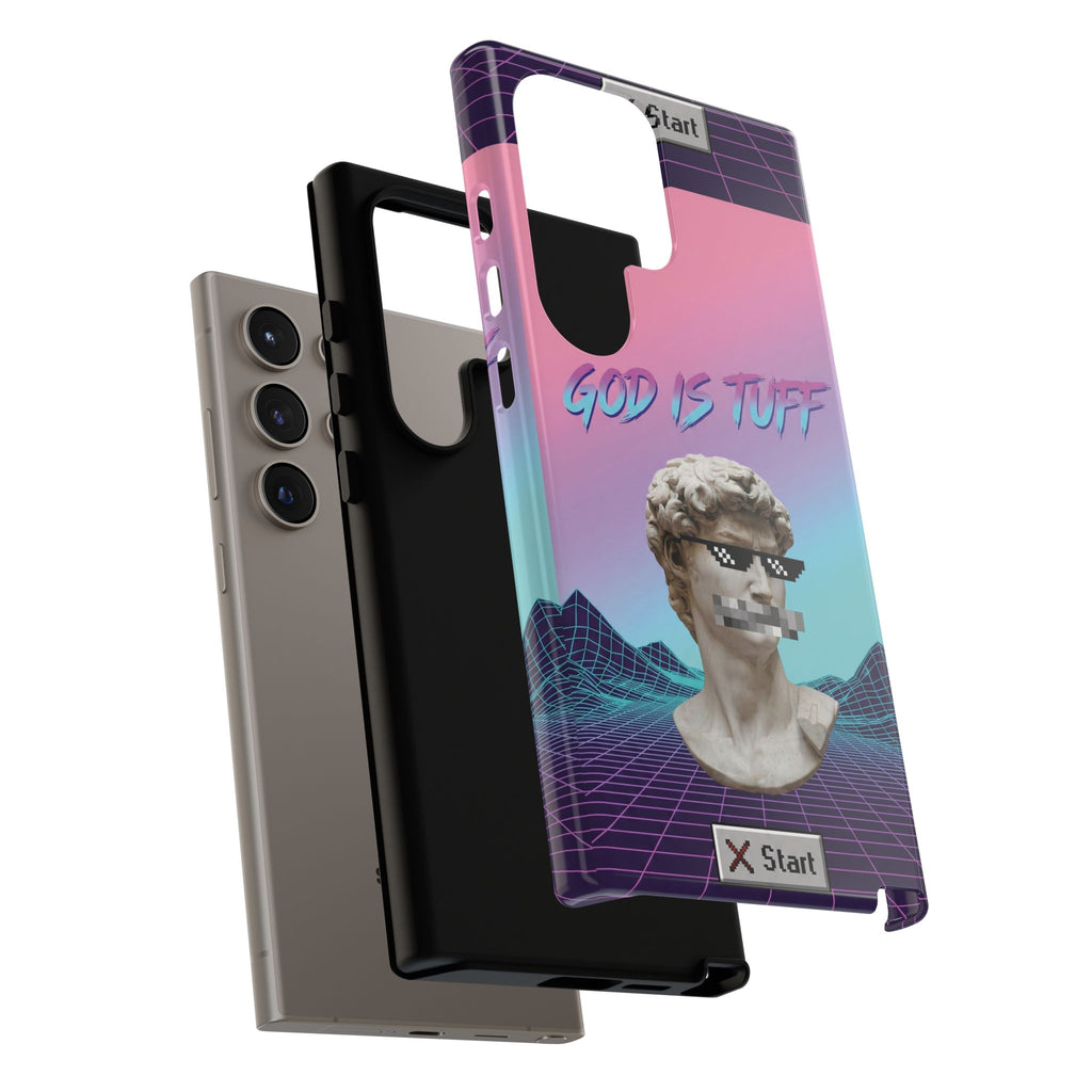 God is Tuff" Vaporwave Christian Phone Case | Aesthetic Statue with Pixel Shades, Retro 80s 90s Synthwave Grid, Gen Z Faith Gift