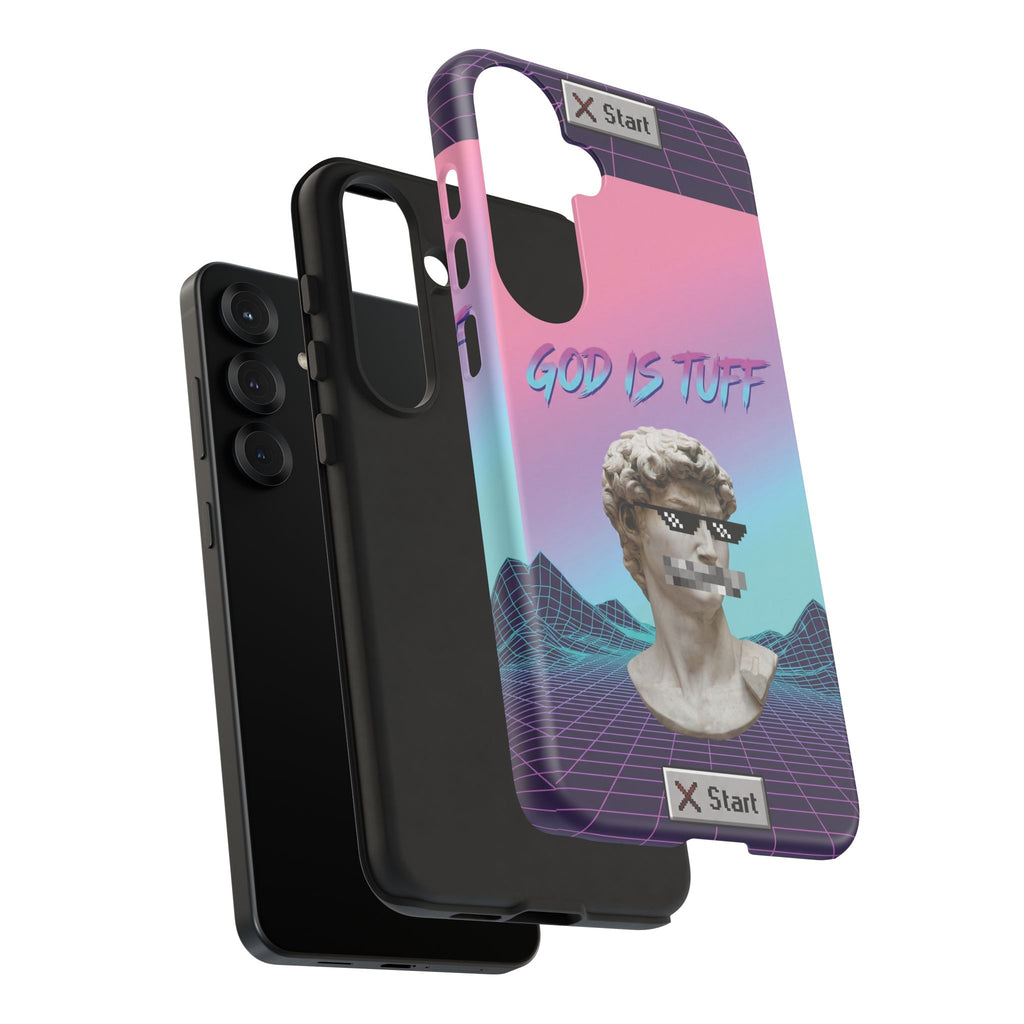 God is Tuff" Vaporwave Christian Phone Case | Aesthetic Statue with Pixel Shades, Retro 80s 90s Synthwave Grid, Gen Z Faith Gift