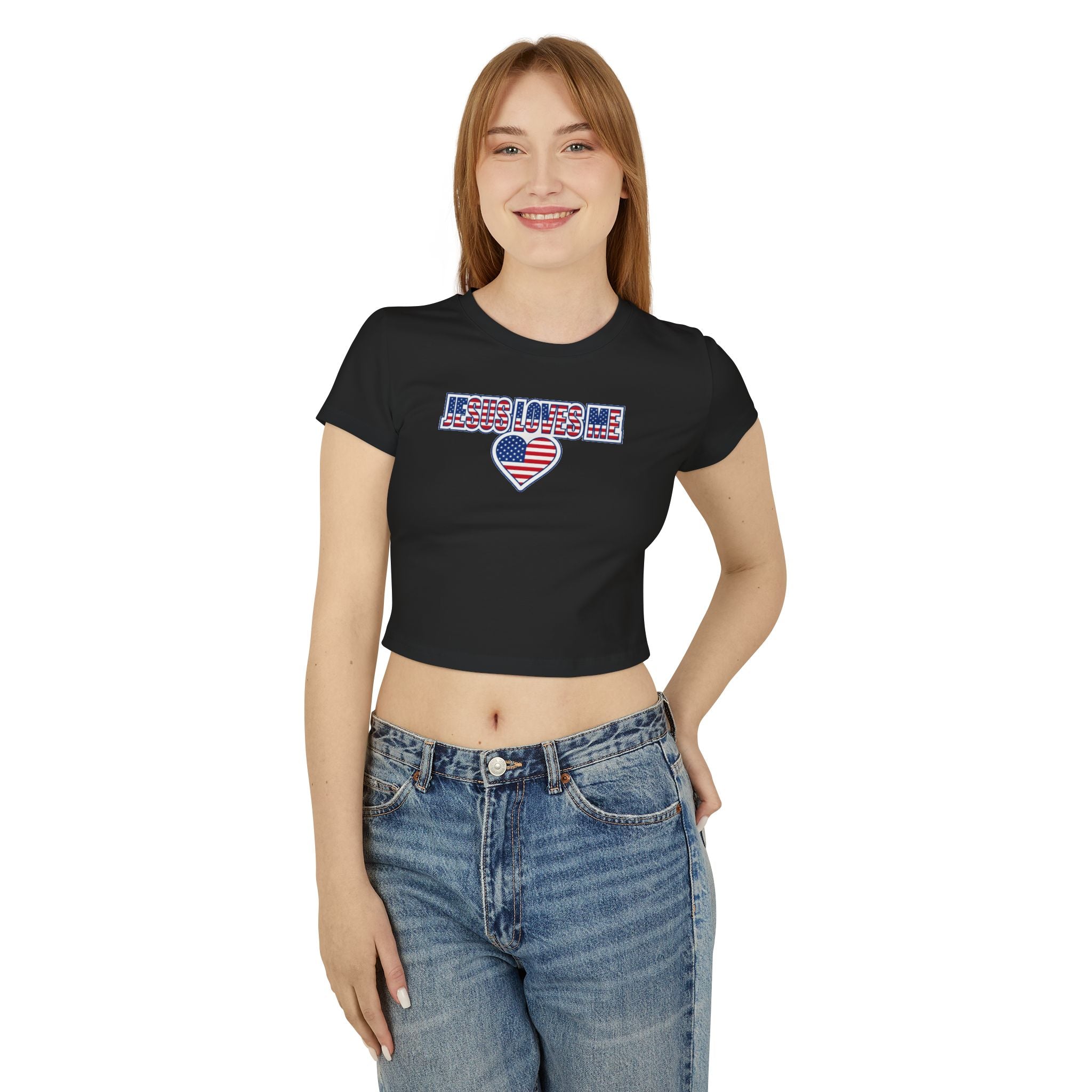 Jesus Loves Me Baby Tee, Patriotic Christian Crop Top, American Flag Heart Faith Shirt