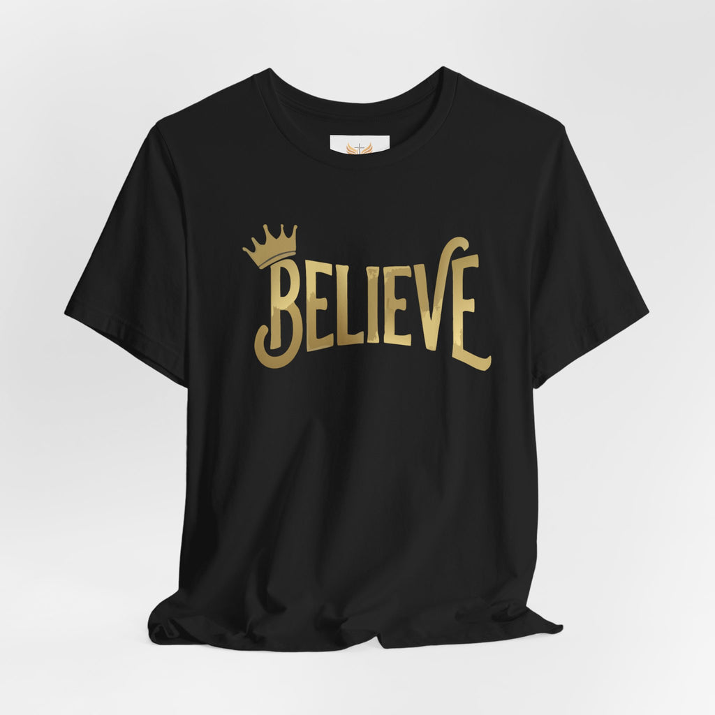 Believe Crown Christian Shirt with hand lettered BELIEVE and a small crown. A soft unisex jersey tee that keeps faith simple, modern, and wearable. Perfect as an encouragement gift or an everyday reminder to keep trusting God.