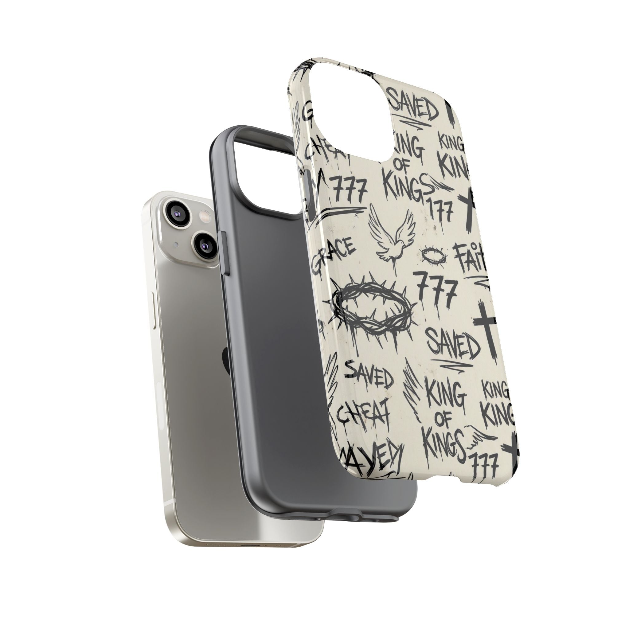 Christian Graffiti Phone Case | "Saved" & "King of Kings" Doodle Art, Urban Streetwear Faith Cover, Modern Religious Sketch Design