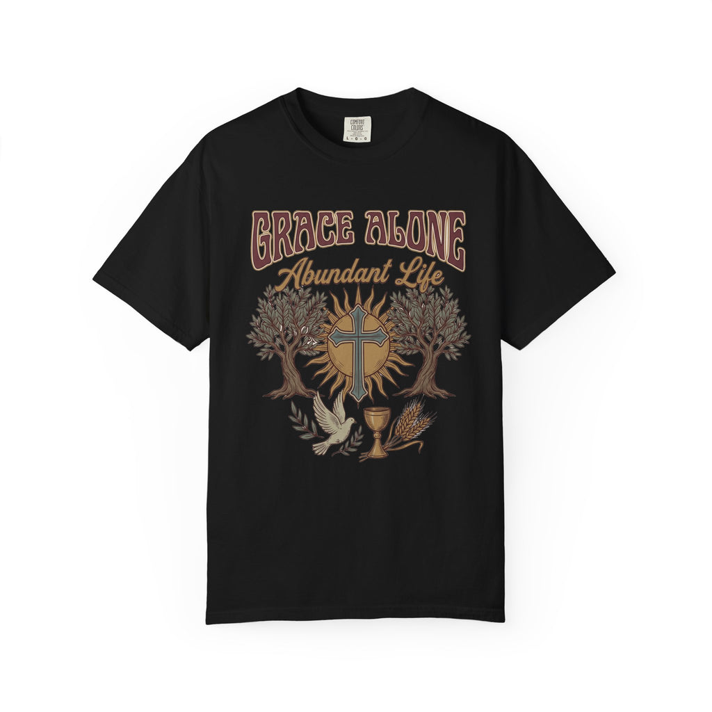 Grace Alone Abundant Life T-shirt | Christian cross, chalice, olive trees
