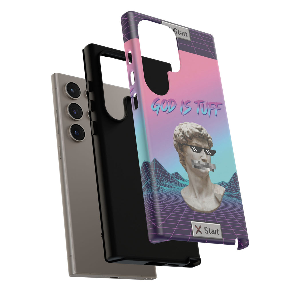 God is Tuff" Vaporwave Christian Phone Case | Aesthetic Statue with Pixel Shades, Retro 80s 90s Synthwave Grid, Gen Z Faith Gift