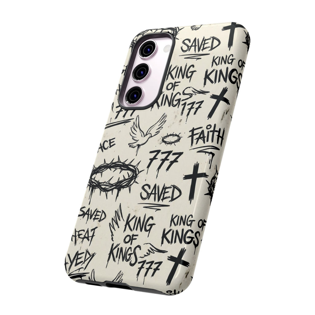 Christian Graffiti Phone Case | "Saved" & "King of Kings" Doodle Art, Urban Streetwear Faith Cover, Modern Religious Sketch Design