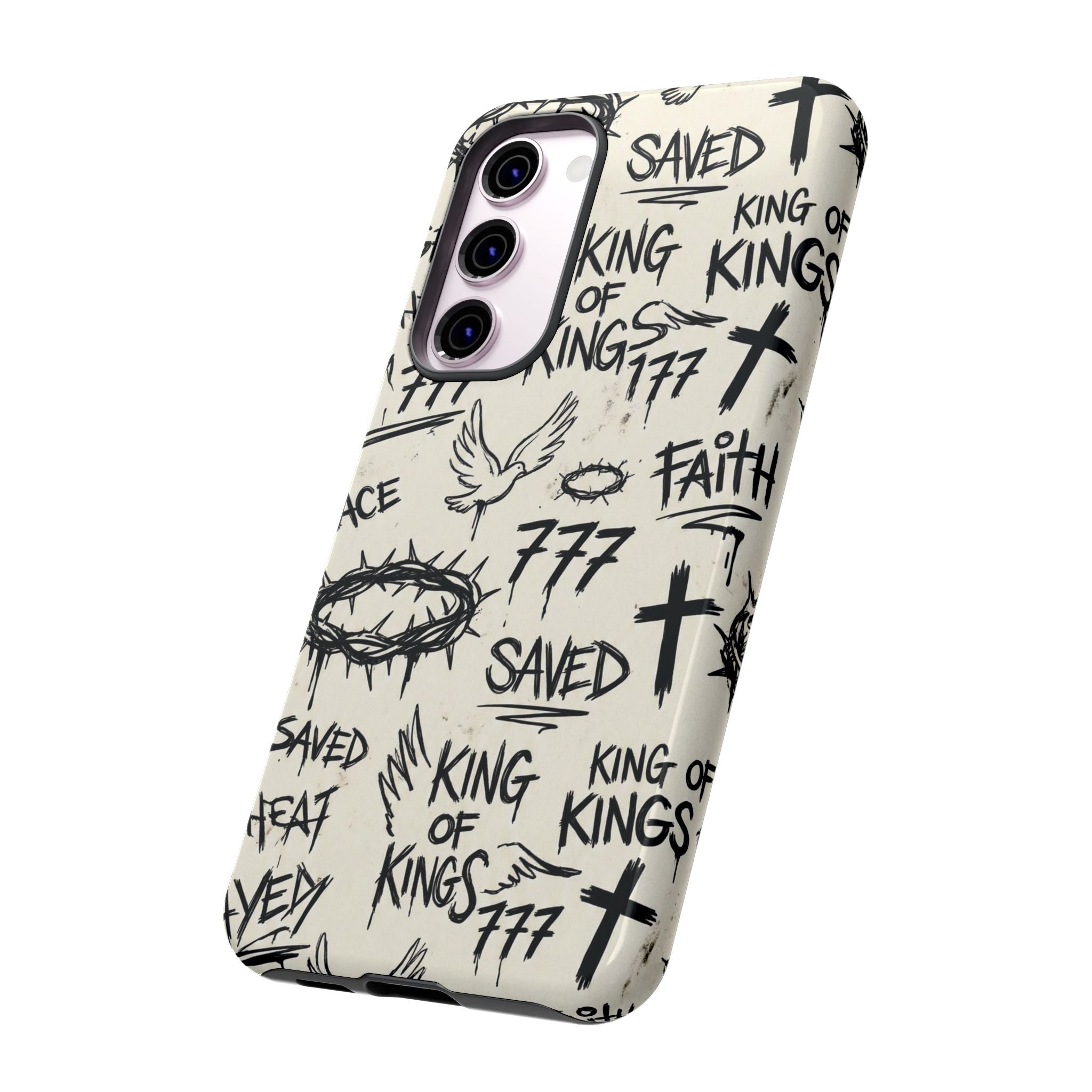 Christian Graffiti Phone Case | "Saved" & "King of Kings" Doodle Art, Urban Streetwear Faith Cover, Modern Religious Sketch Design