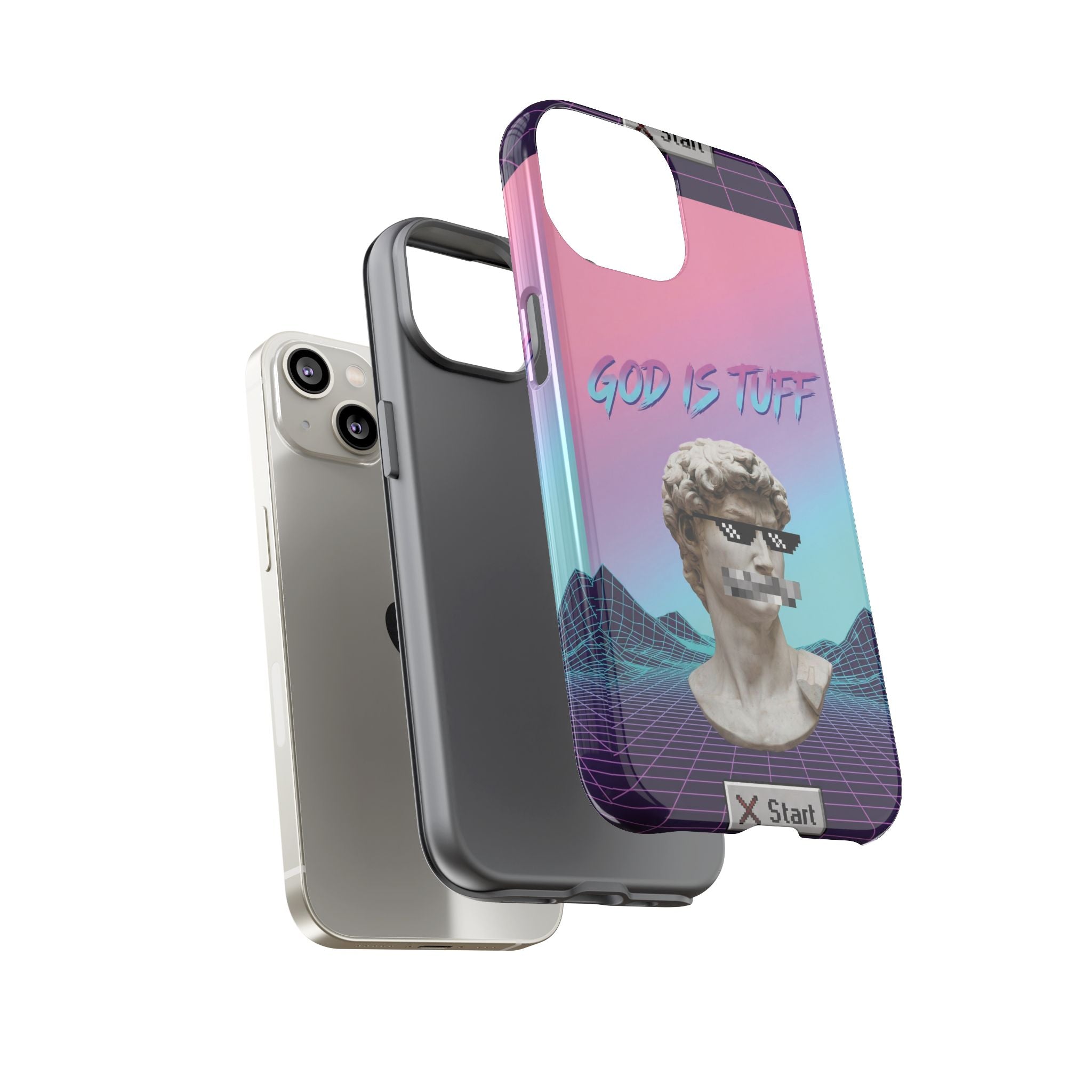God is Tuff" Vaporwave Christian Phone Case | Aesthetic Statue with Pixel Shades, Retro 80s 90s Synthwave Grid, Gen Z Faith Gift
