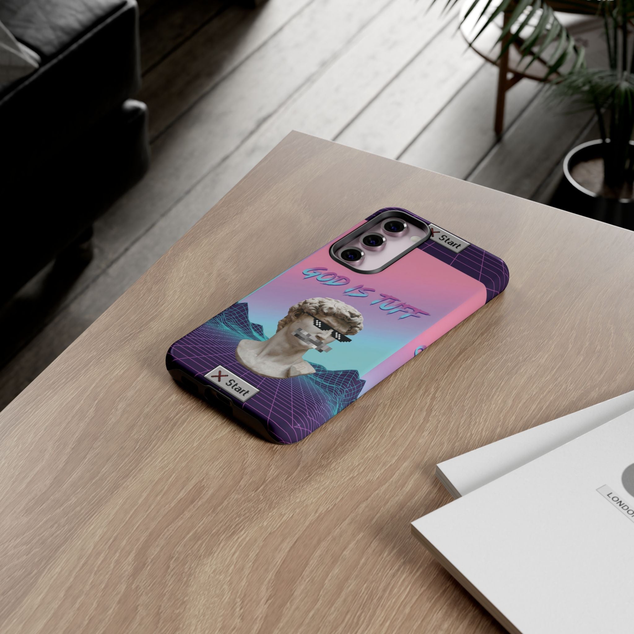 God is Tuff" Vaporwave Christian Phone Case | Aesthetic Statue with Pixel Shades, Retro 80s 90s Synthwave Grid, Gen Z Faith Gift