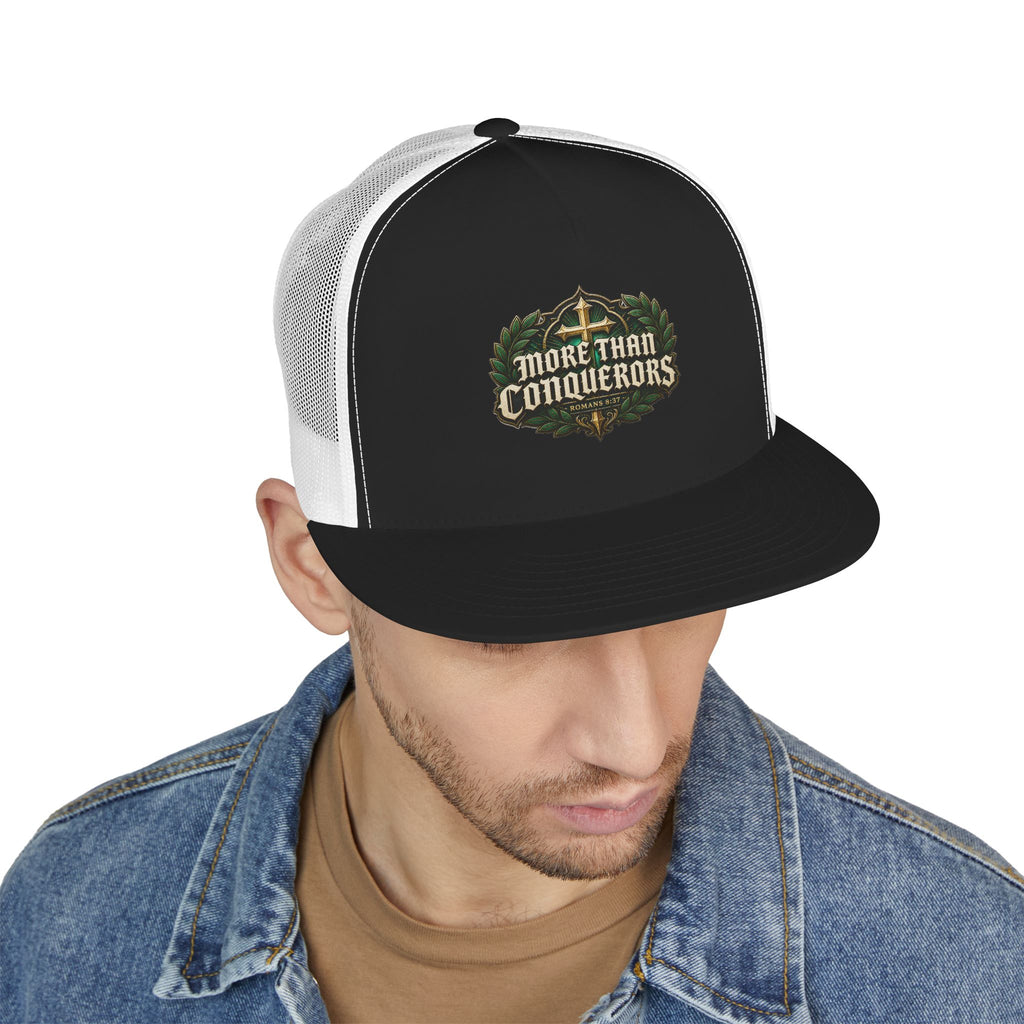 MORE THAN CONQUERORS Printed Christian 5-Panel Trucker Cap