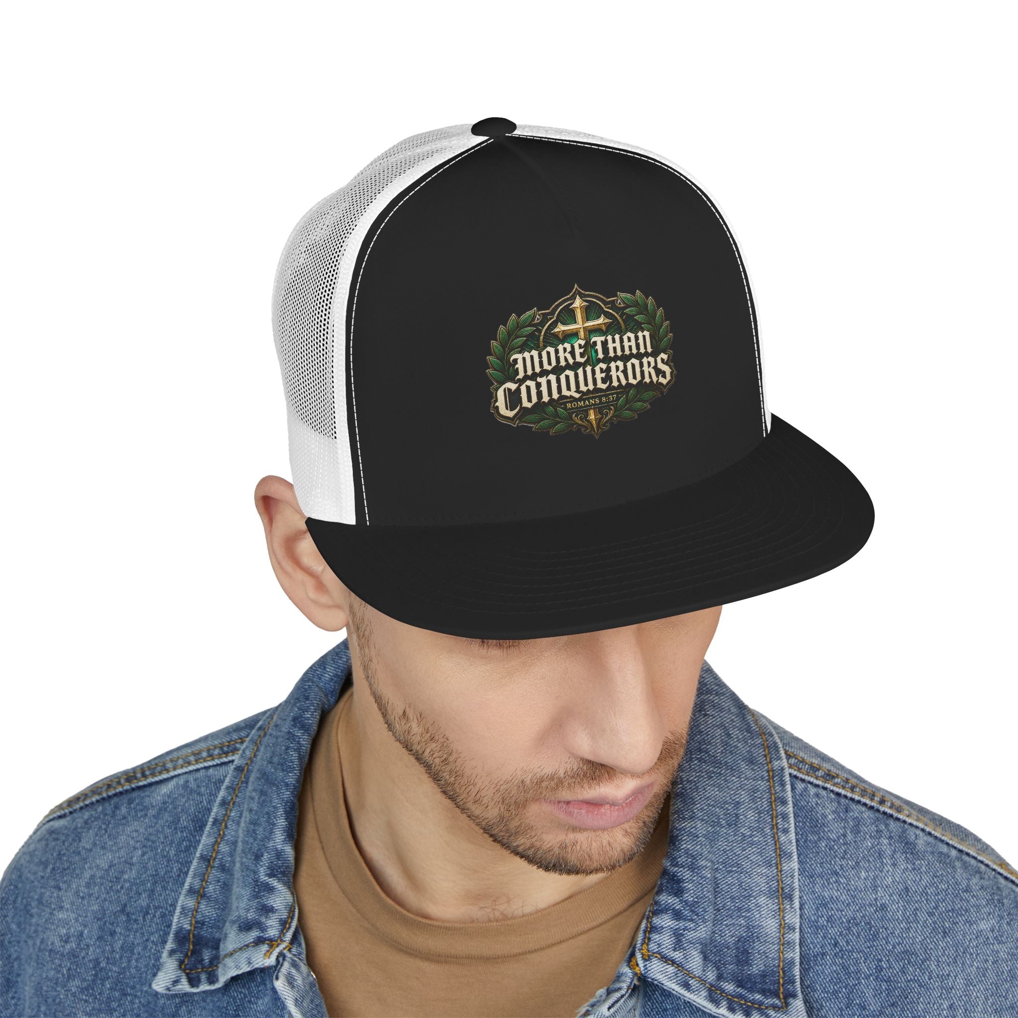 MORE THAN CONQUERORS Printed Christian 5-Panel Trucker Cap