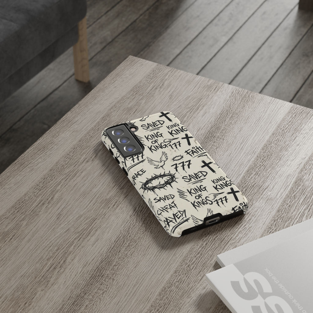 Christian Graffiti Phone Case | "Saved" & "King of Kings" Doodle Art, Urban Streetwear Faith Cover, Modern Religious Sketch Design
