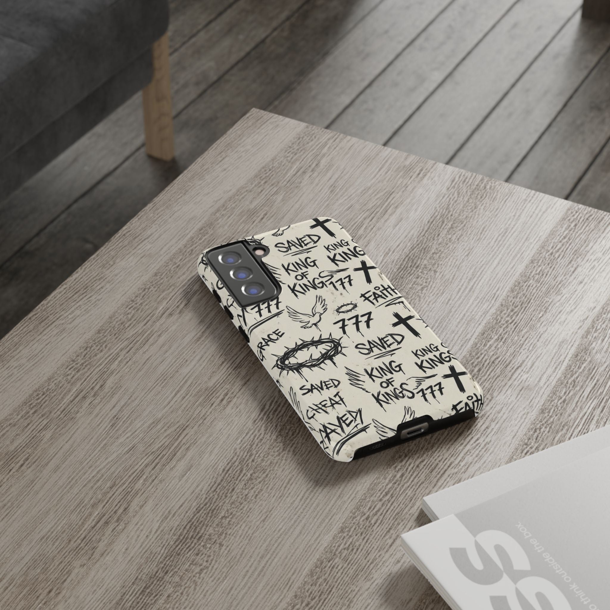 Christian Graffiti Phone Case | "Saved" & "King of Kings" Doodle Art, Urban Streetwear Faith Cover, Modern Religious Sketch Design
