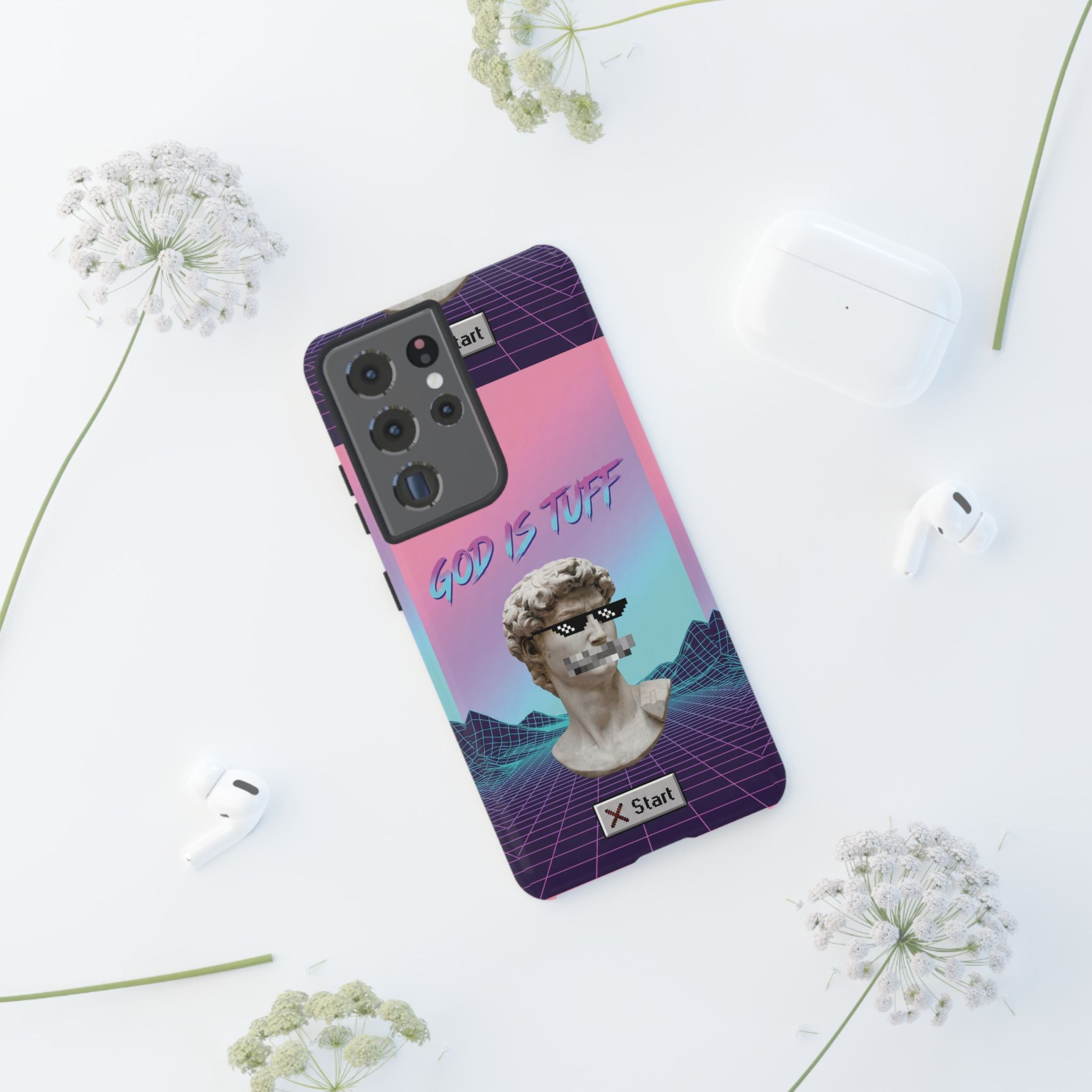 God is Tuff" Vaporwave Christian Phone Case | Aesthetic Statue with Pixel Shades, Retro 80s 90s Synthwave Grid, Gen Z Faith Gift