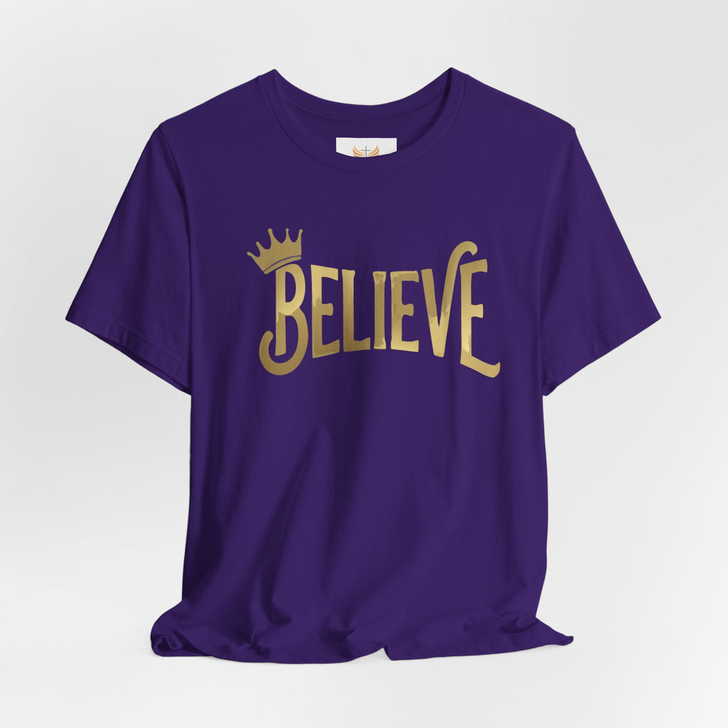 Believe Crown Christian Shirt with hand lettered BELIEVE and a small crown. A soft unisex jersey tee that keeps faith simple, modern, and wearable. Perfect as an encouragement gift or an everyday reminder to keep trusting God.