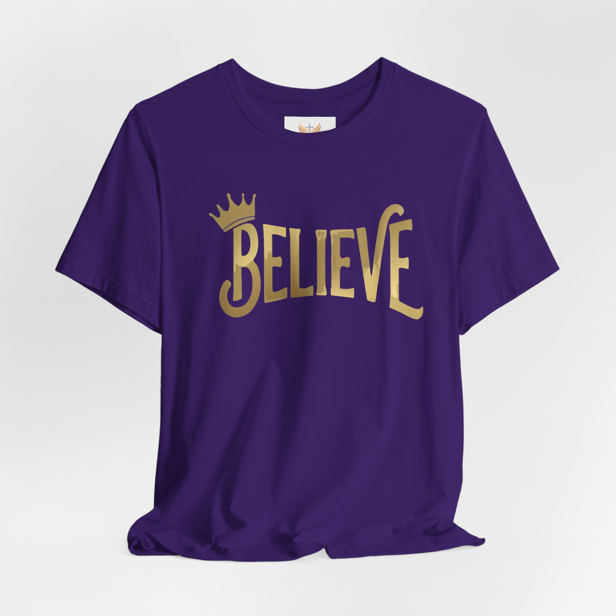 Believe Crown Christian Shirt with hand lettered BELIEVE and a small crown. A soft unisex jersey tee that keeps faith simple, modern, and wearable. Perfect as an encouragement gift or an everyday reminder to keep trusting God.