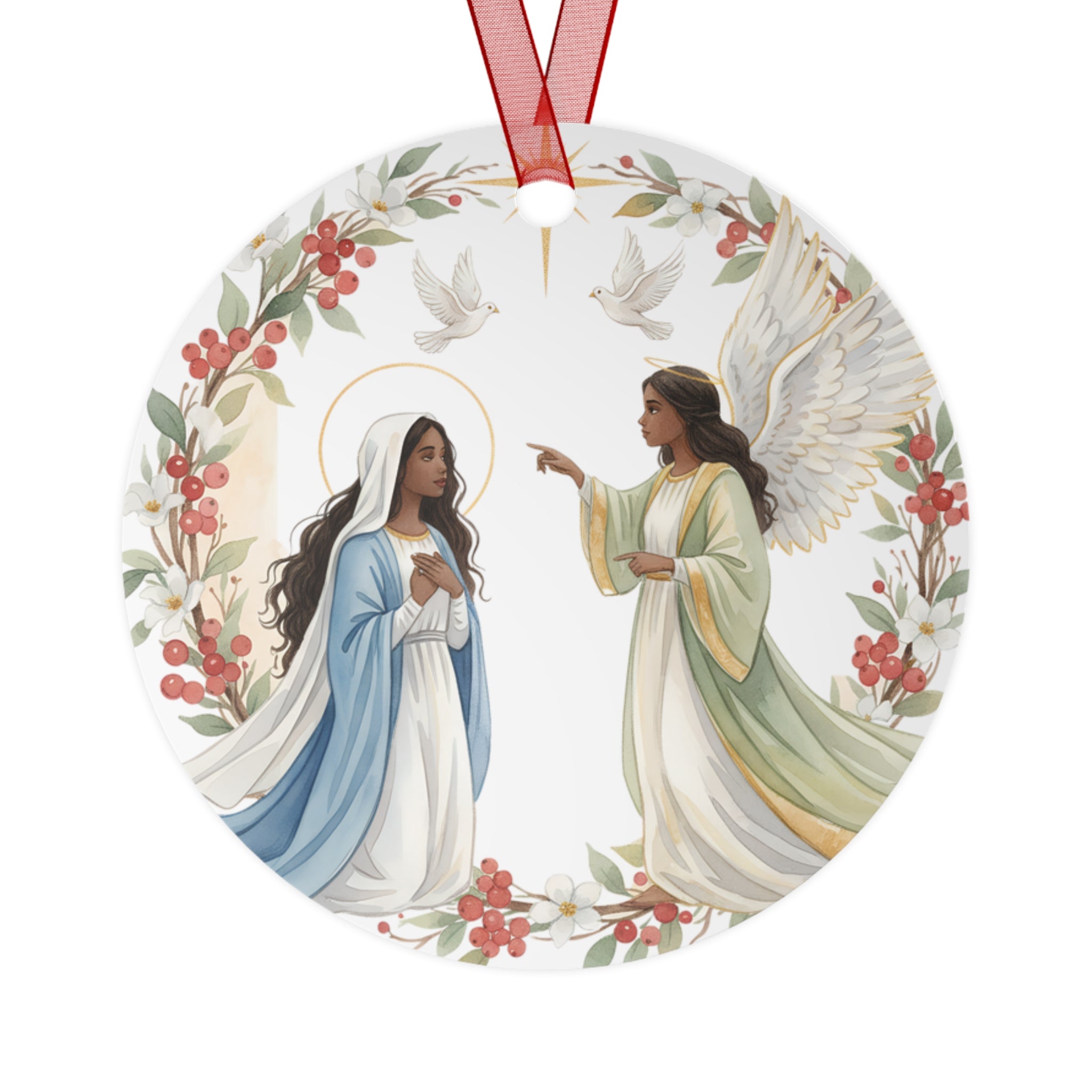 Annunciation Metal Ornament Round · Mary and Angel Watercolor · Christian Christmas Decor · Catholic Gift · Holy Scene Double Sided