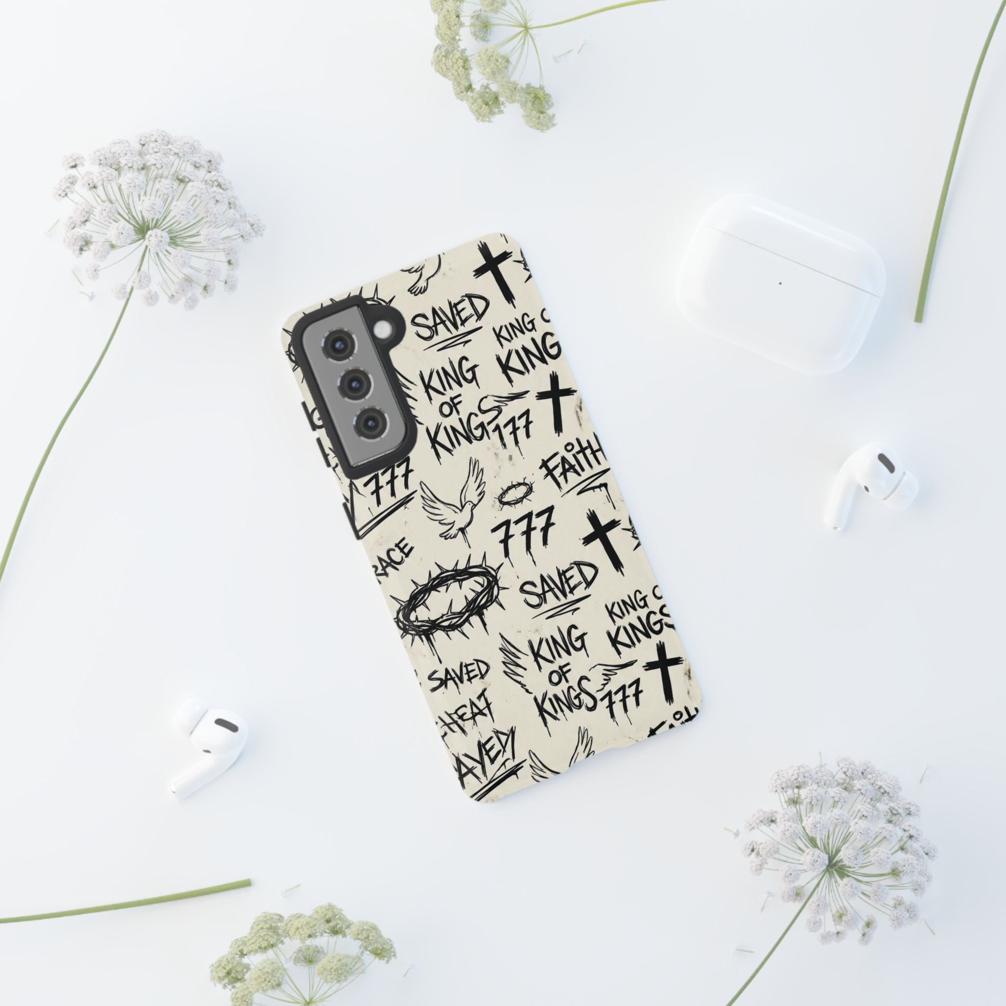 Christian Graffiti Phone Case | "Saved" & "King of Kings" Doodle Art, Urban Streetwear Faith Cover, Modern Religious Sketch Design