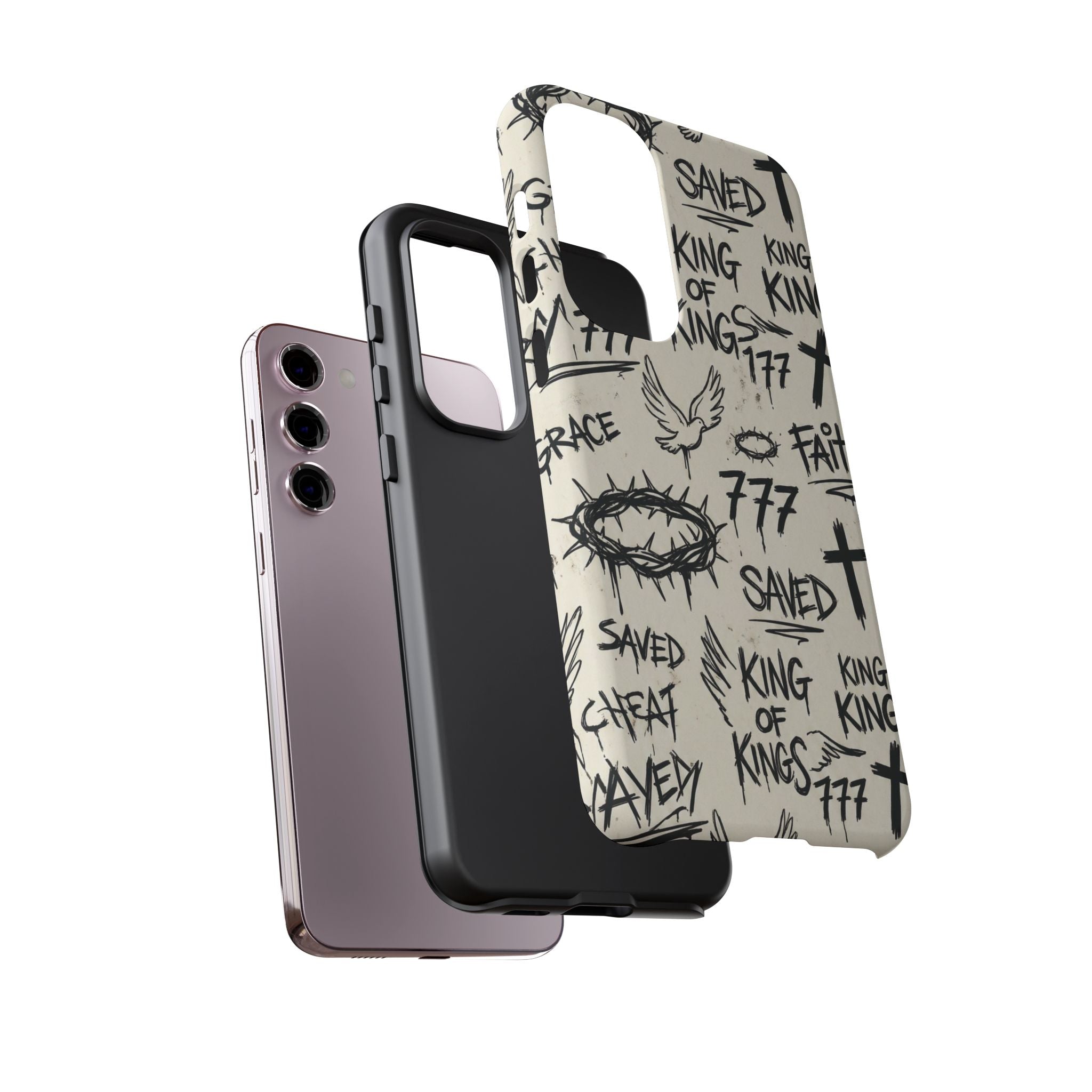 Christian Graffiti Phone Case | "Saved" & "King of Kings" Doodle Art, Urban Streetwear Faith Cover, Modern Religious Sketch Design