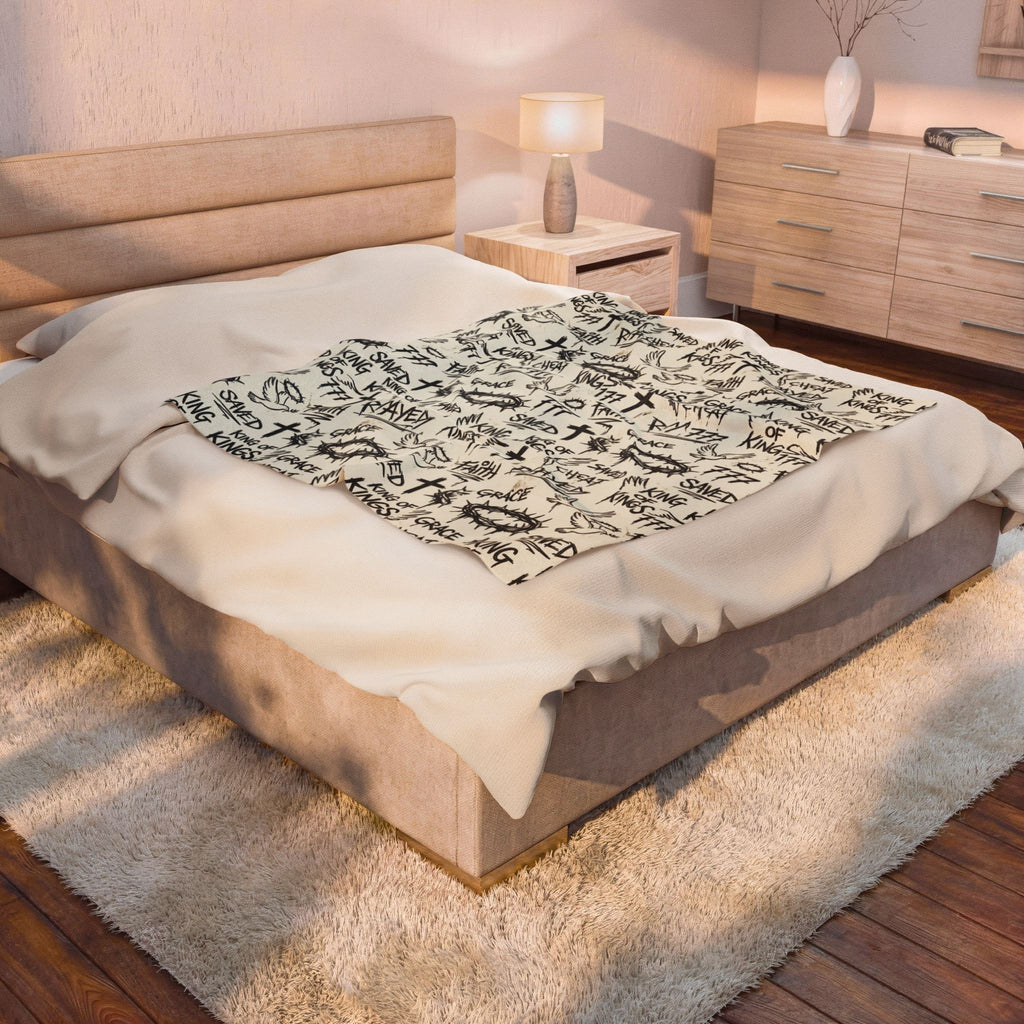 Christian Graffiti Blanket, Faith Word Throw Blanket, Black White Velveteen Plush Blanket, Christian Room Decor, Saved Grace King of Kings