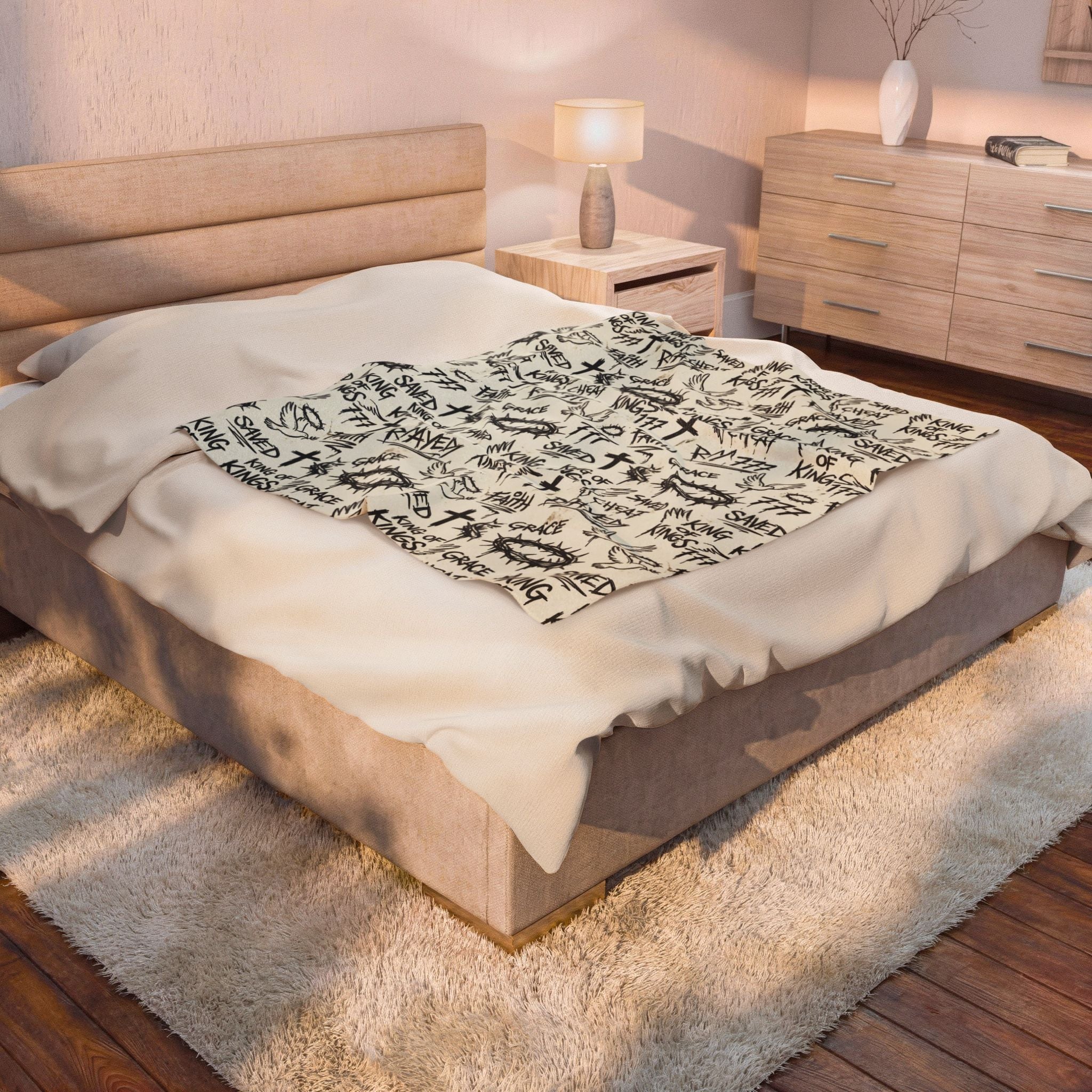 Christian Graffiti Blanket, Faith Word Throw Blanket, Black White Velveteen Plush Blanket, Christian Room Decor, Saved Grace King of Kings