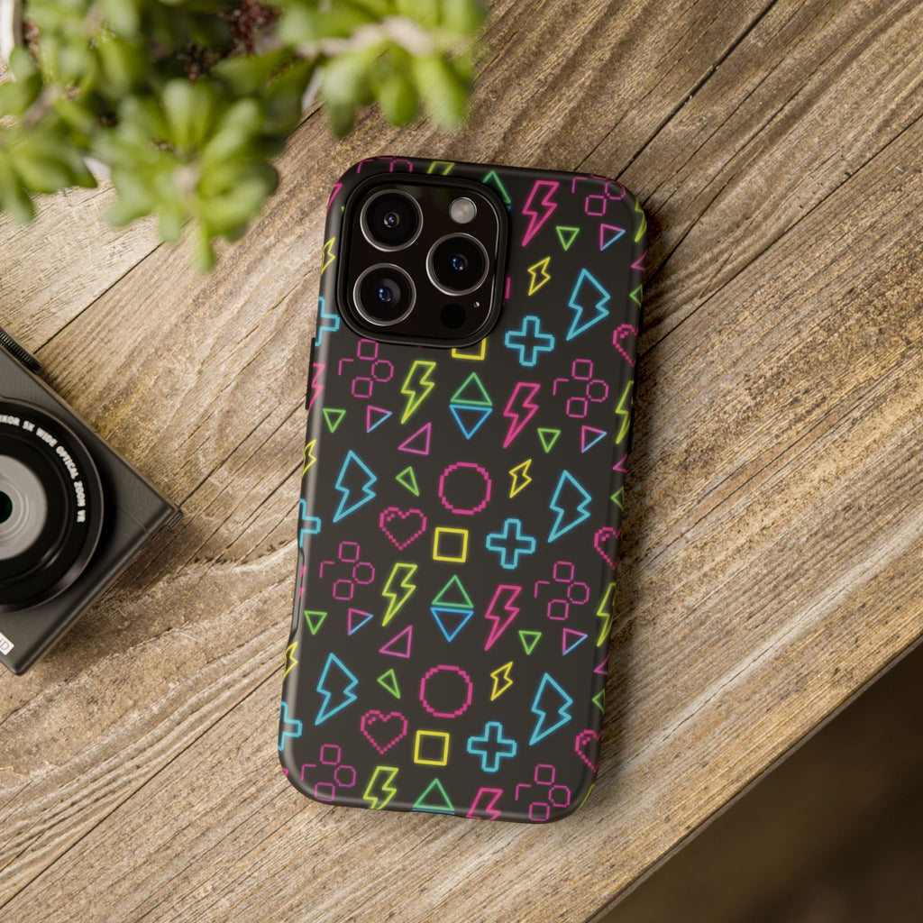 Electric Savior" Retro 90s Christian Phone Case | Neon Synthwave Pixel Art, Lightning Cross & Geometric Design, Bold Faith Gift