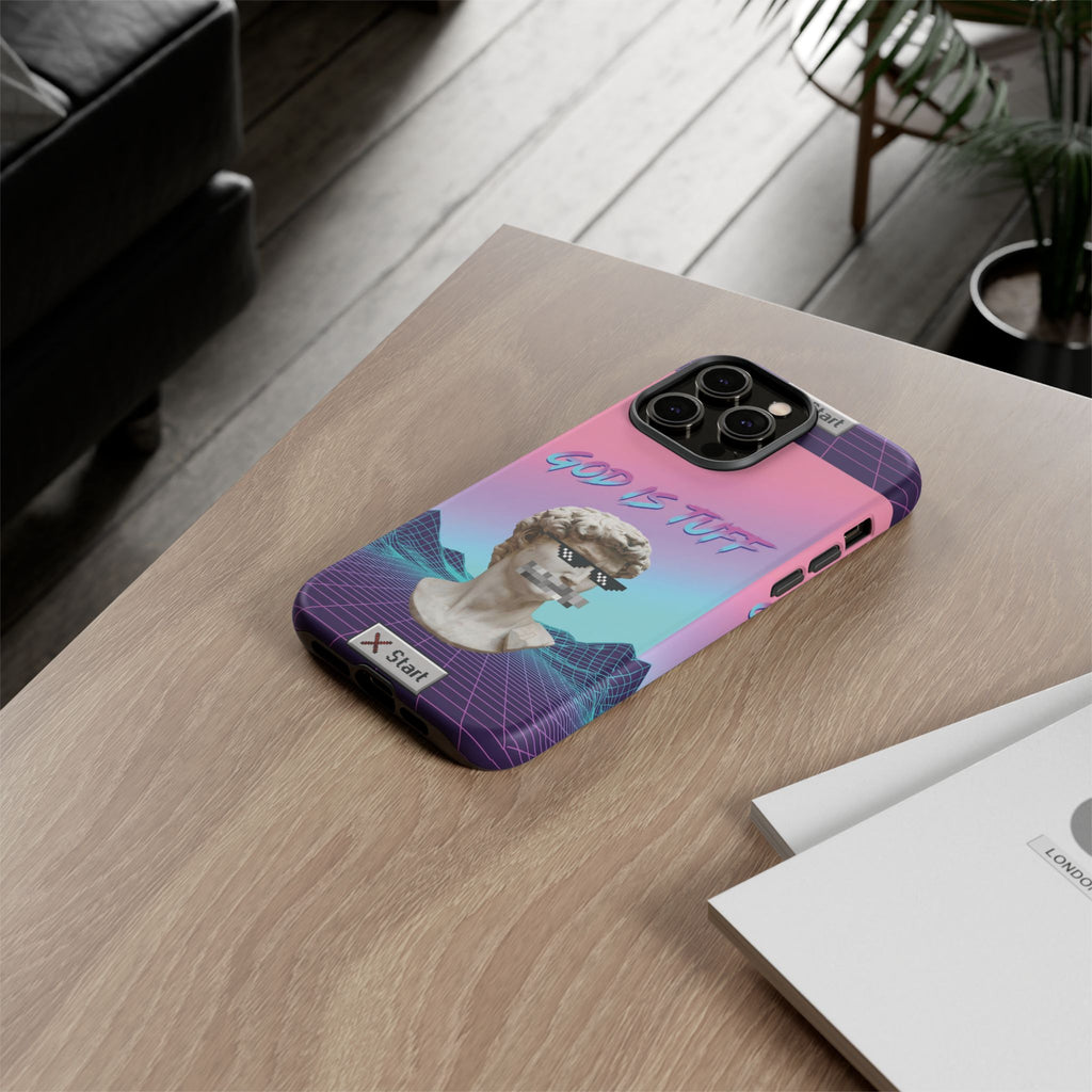 God is Tuff" Vaporwave Christian Phone Case | Aesthetic Statue with Pixel Shades, Retro 80s 90s Synthwave Grid, Gen Z Faith Gift