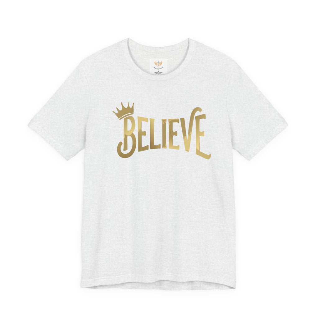 Believe Crown Christian Shirt with hand lettered BELIEVE and a small crown. A soft unisex jersey tee that keeps faith simple, modern, and wearable. Perfect as an encouragement gift or an everyday reminder to keep trusting God.