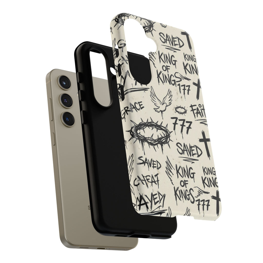 Christian Graffiti Phone Case | "Saved" & "King of Kings" Doodle Art, Urban Streetwear Faith Cover, Modern Religious Sketch Design