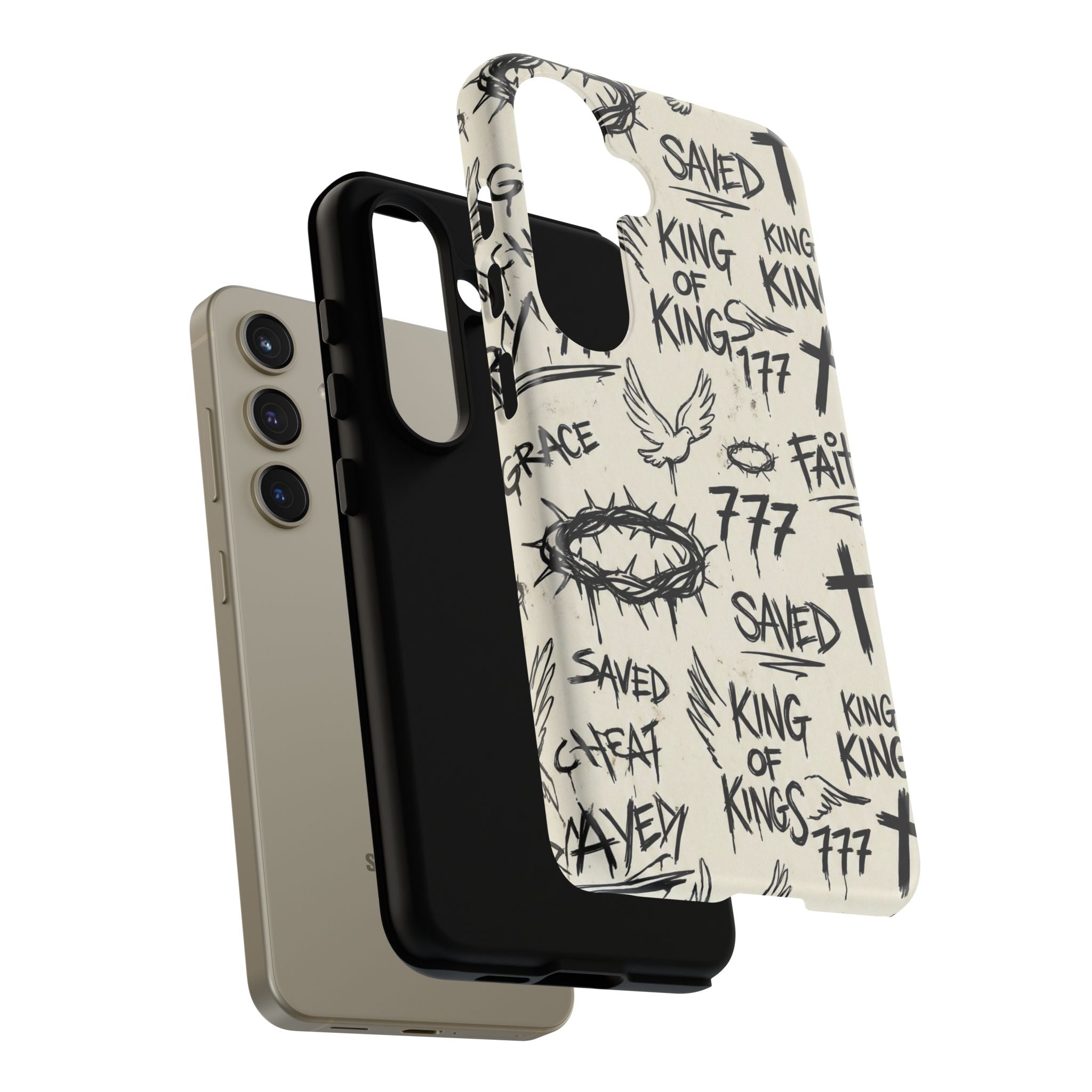 Christian Graffiti Phone Case | "Saved" & "King of Kings" Doodle Art, Urban Streetwear Faith Cover, Modern Religious Sketch Design