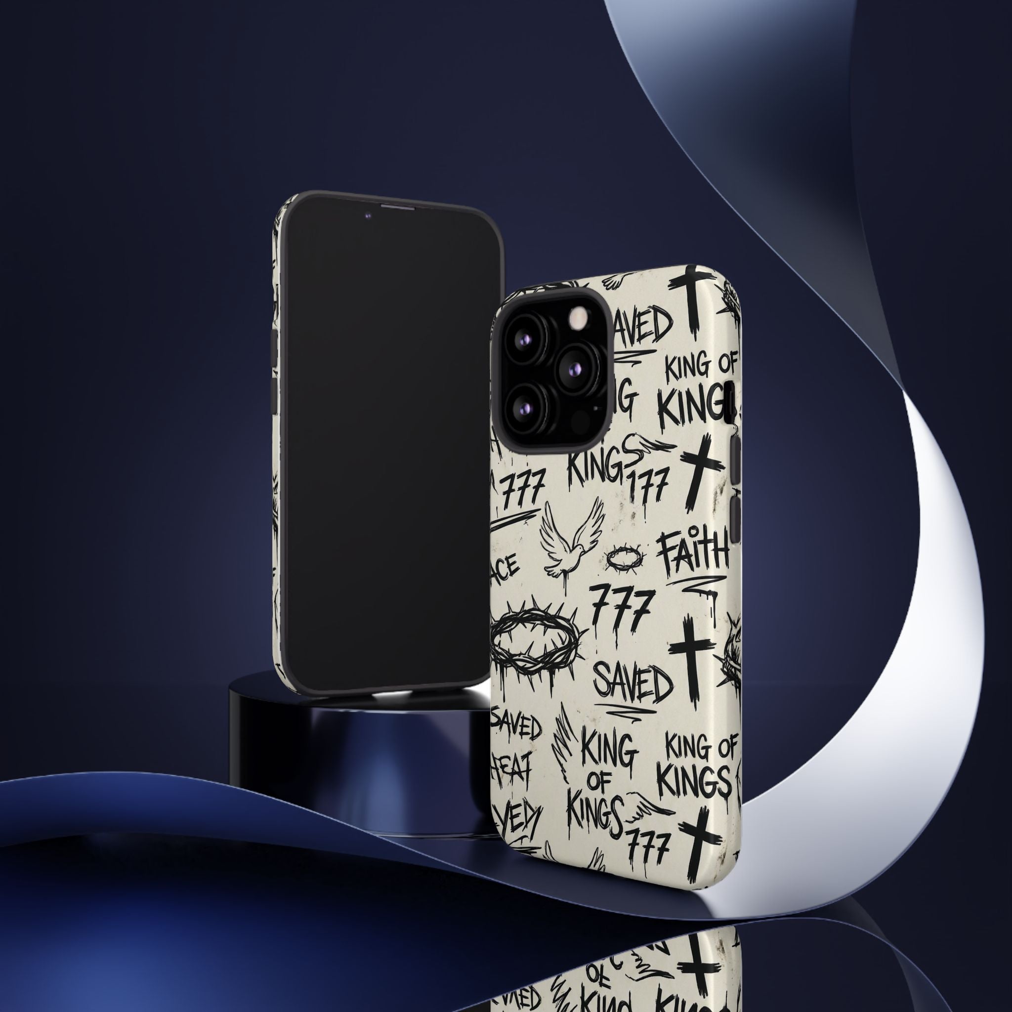 Christian Graffiti Phone Case | "Saved" & "King of Kings" Doodle Art, Urban Streetwear Faith Cover, Modern Religious Sketch Design