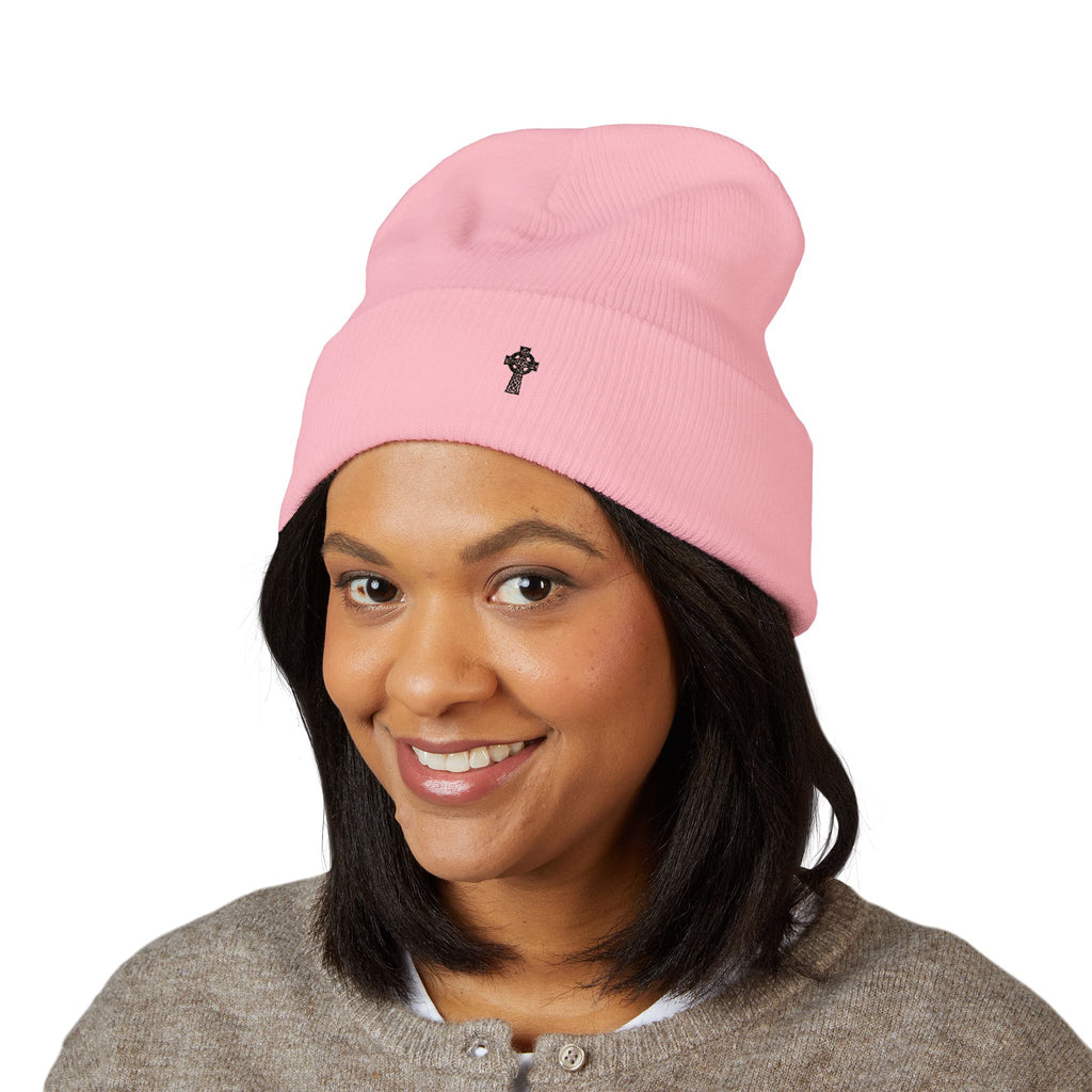 Embroidered Christian Beanie Celtic Cross Knit Cuffed Hat Minimal Faith Apparel Gift for Men Women | Christian Streetwear