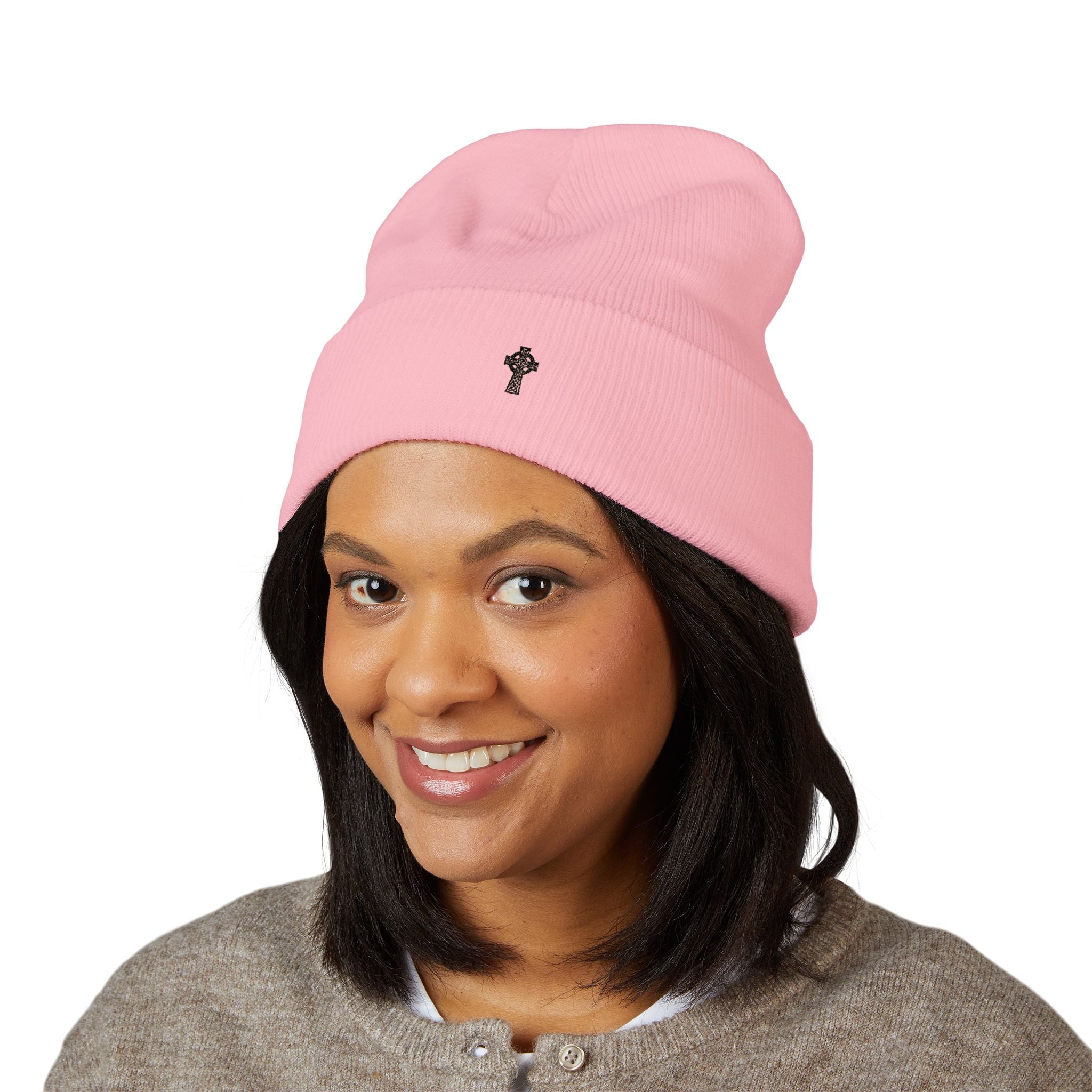 Embroidered Christian Beanie Celtic Cross Knit Cuffed Hat Minimal Faith Apparel Gift for Men Women | Christian Streetwear